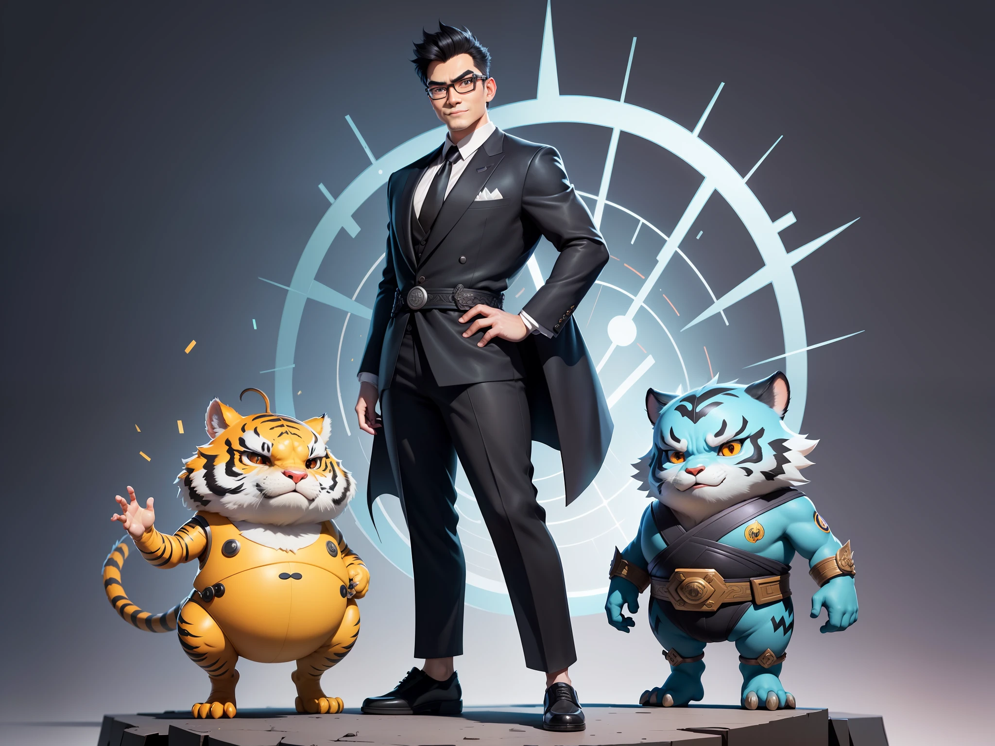 (Masterpiece), (Excellent), (Super Meticulous), (Full Body: 1.2), Super Young Man with Japanese Female Geisha, Pretty, Beautiful, Chinese Dragon, Tiger, Wind God Thor, Sexy, Bursting, Oriental Face, TV Anchor, Bust Portrait Illustration, Black Suit, Blue Tie, Slightly Chubby Face, Silver Glasses, Very Clean Face, No Beard on Chin, Black Super Short Hair, Black Eyes, Confident Smile, 3c Computer Sub-Products, iPad, iPhone, Digital Painting, 3D character design by Mark Clairedon and Pixar and Hayao Miyazaki and Akira Toriyama, the illustrations are HD illustrations in 4K resolution with highly detailed facial features and cartoon-style visuals.