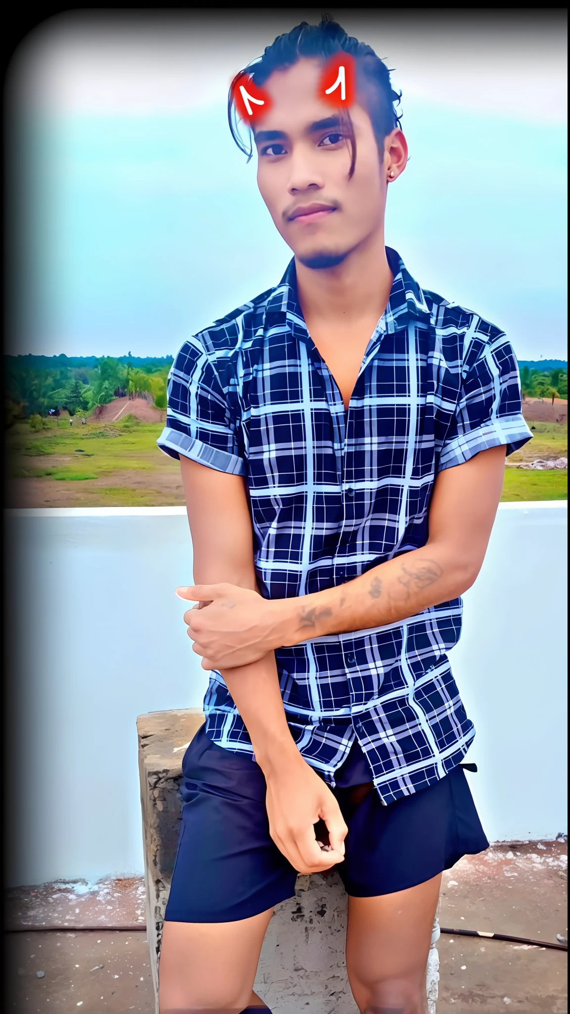there is a man sitting on a cement block with a baseball bat, jayison devadas style, wearing in shirt, mohamed chahin style, profile pic, full body picture, young man with short, stylish pose, around 20 yo, with lovely look, around 1 9 years old, wearing a flannel shirt, full body model, modeling shool,8k ultra HD