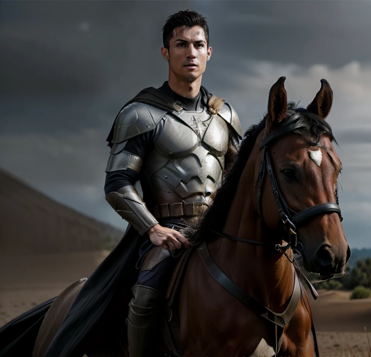 Imagem de um homem montado em um cavalo em uma cena, cristiano ronaldo as batman, Arsen Lupin como um paladino, Henry Cavill como um guerreiro, Adam Driver como um guerreiro centauro, karl urban as a dragonslayer, ainda de um filme de fantasia, Cristiano Ronaldo como Papa, Filme 2022, 8 k filme ainda, Retrato de Cristiano Ronaldo