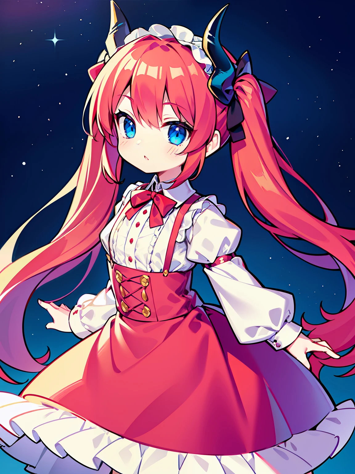 {{best quality}}, {{masterpiece}}, {{ultra-detailed}}, {illustration}, {detailed light}, red hair,blue eyes,twintails,lolita,Suspenders skirt,Fantastic,loli,solo,Dragon horns,little girl,long hair