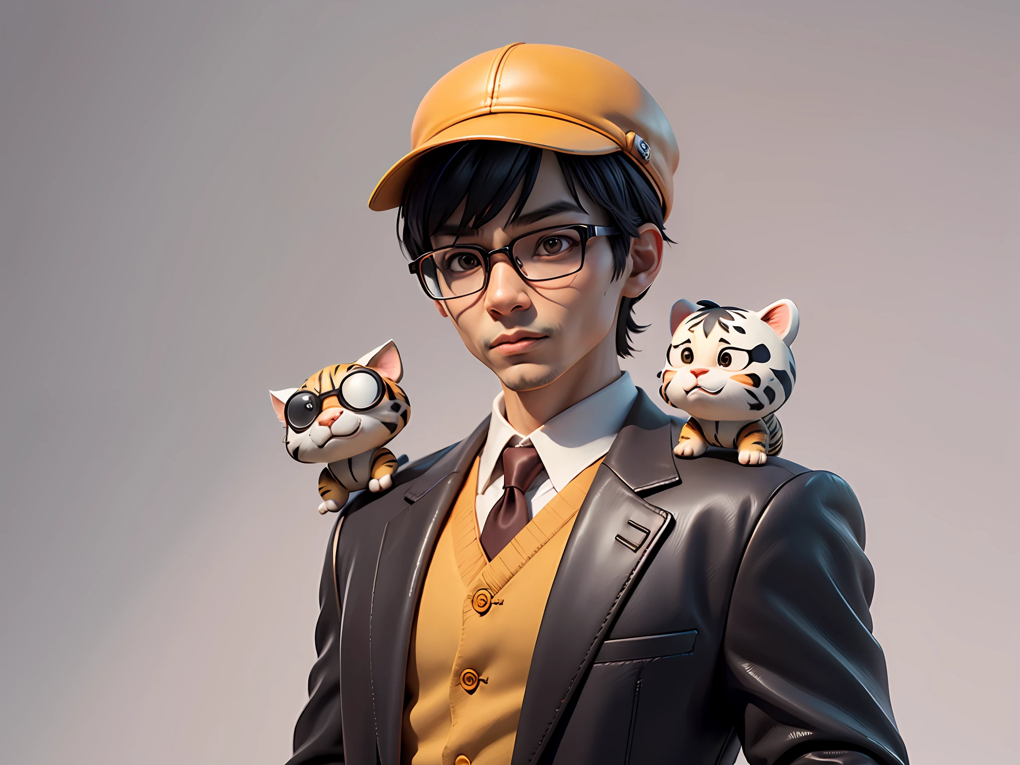 Young man with oriental face in leather hat, tiger, oriental face in formal suit, short black hair, silver glasses, digital painting, 3D character design by Mark Clairedon and Pixar and Hayao Miyazaki and Akira Toriyama, the illustration is a high-definition illustration in 4K resolution with very detailed facial features and cartoon-style visuals.