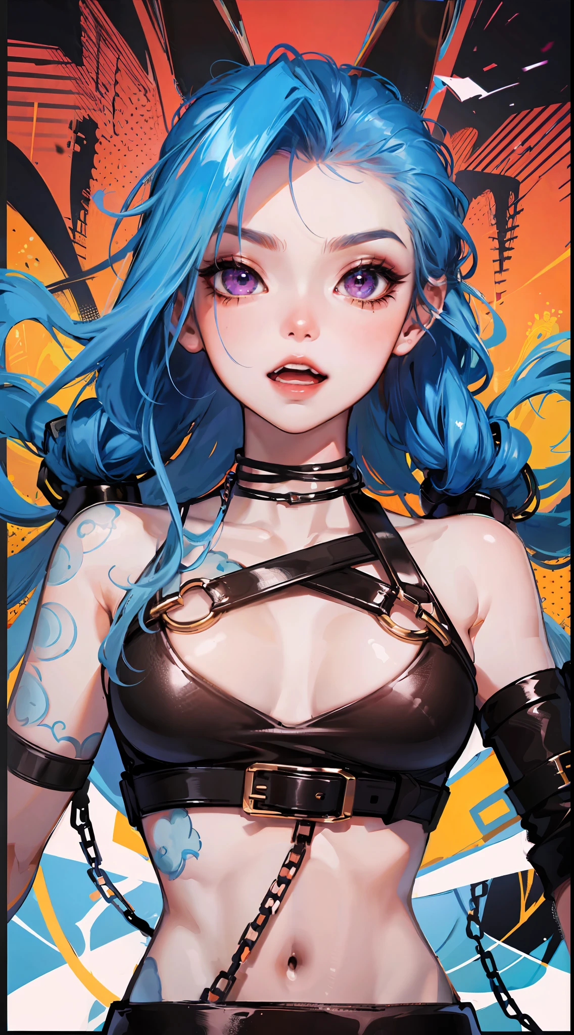 Jinx,having fun,Crop topping,Open chain,Poster promotion,vigorous,C cup,cute-style,highly rendered,detailed face with,Fleshy thighs,Anime style, Award-Awarded, Super detail, Textured skin, A high resolution, Best quality, 8K