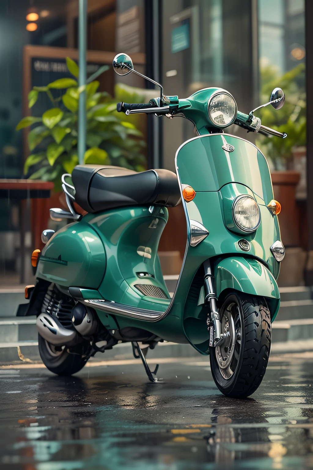 green modern scooter. hybrid electric motor. steel and chrome. . stands at the entrance of the cafe Shine the sun. the ground is wet with rain