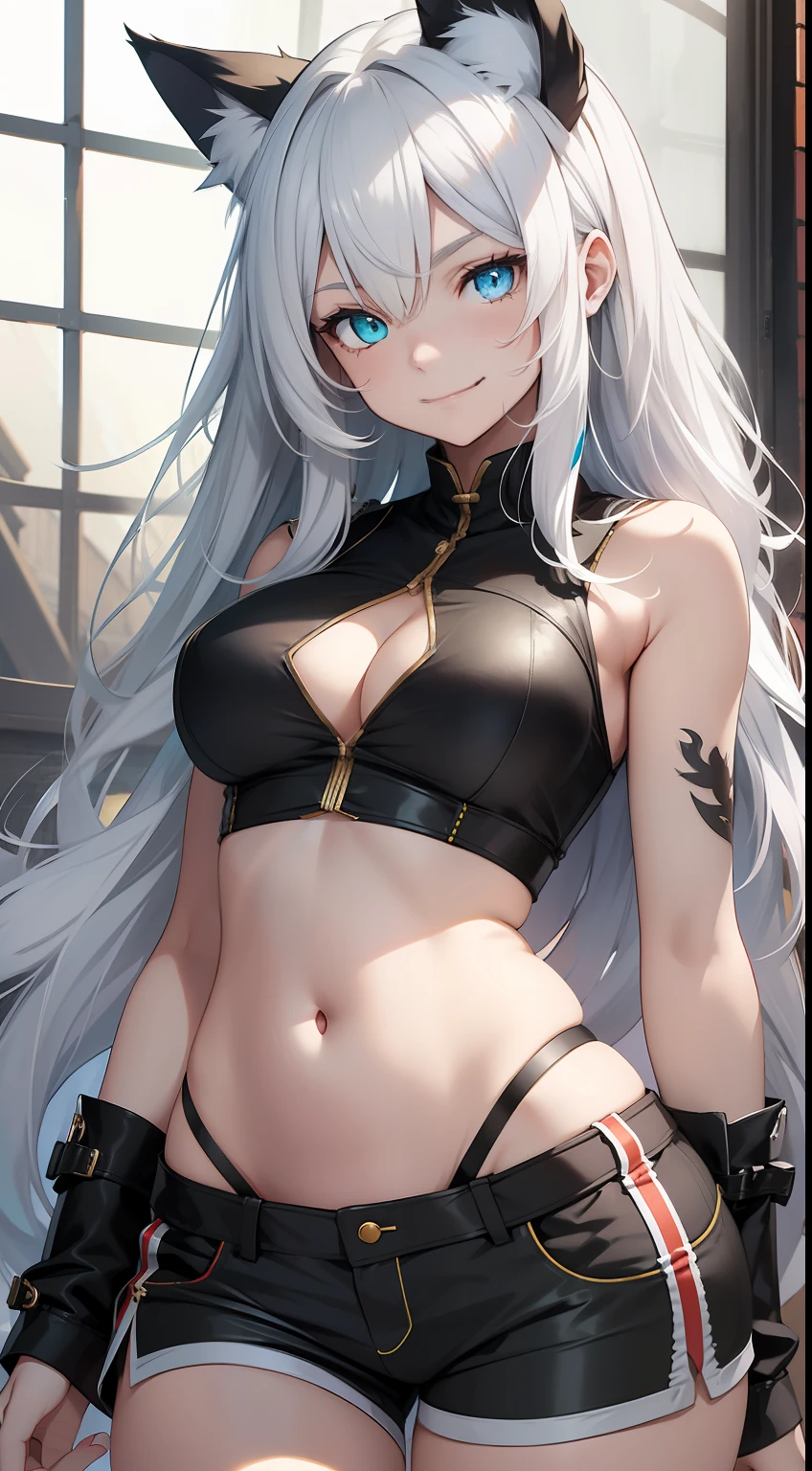 young girl, Long white hair, Cat's ears, Heterochromia, Yellow left and blue right eyes, tight turquoise top, Sleeveless, Shorts, open belly, White patterns on clothes, smirk, Daggers, Masterpiece, hiquality