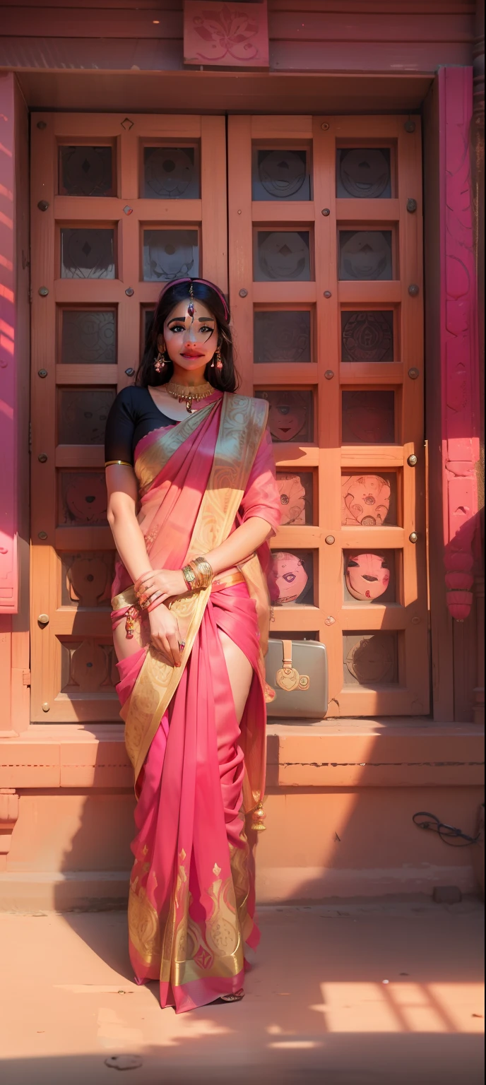 Pink saree, smiley face, traditional look, hand watch, back door, natural background, red bindi, black bouse, earrings,