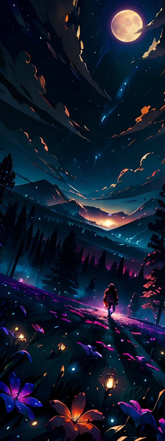 expansive landscape photograph of Yosemite, (a view from below that shows sky above and open field below), a girl standing on flower field looking up, (full moon:1.2), ( shooting stars:0.9), (nebula:1.3), distant mountain, tree BREAK
production art, (warm light source:1.2), (Firefly:1.2), lamp, lot of purple and orange, intricate details, volumetric lighting BREAK
(masterpiece:1.2), (best quality), 4k, ultra-detailed, (dynamic composition:1.4), highly detailed, colorful details,( iridescent colors:1.2), (glowing lighting, atmospheric lighting), dreamy, magical, (solo:1.2)