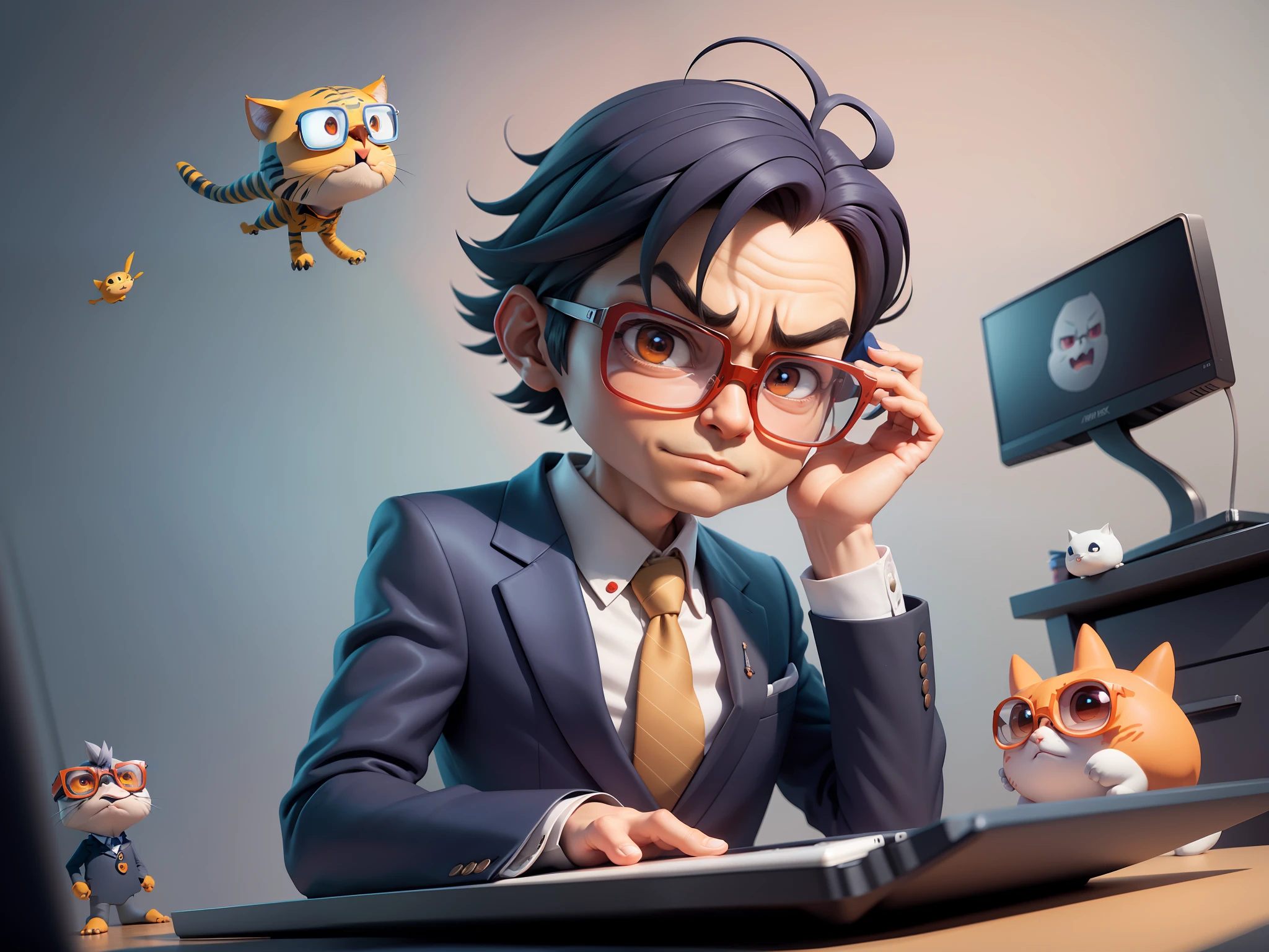 A young man in a suit, Short hair and glasses sat at his desk，holding laptop，digitial painting，tigre，3D character design by Mark Clairen and Pixar and Hayao Miyazaki and Akira Toriyama，4K HD illustration，Very detailed facial features and cartoon-style visuals。