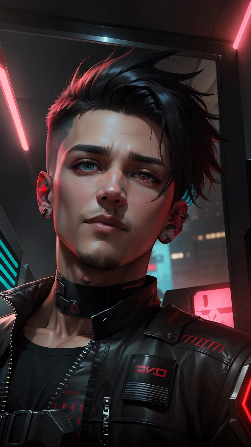 change background, handsome boy cyberpunk boy Beutifull haircut Red eye 8k