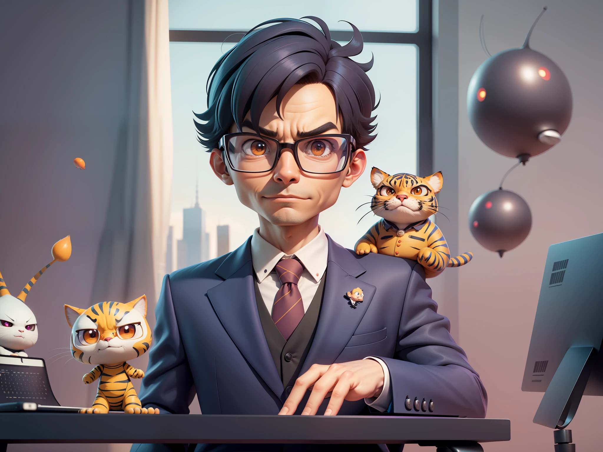A young man in a suit, Short hair and glasses sat at his desk,holding laptop,digitial painting,tigre,3D character design by Mark Clairen and Pixar and Hayao Miyazaki and Akira Toriyama,4K HD illustration,Very detailed features and cartoon-style visuals。