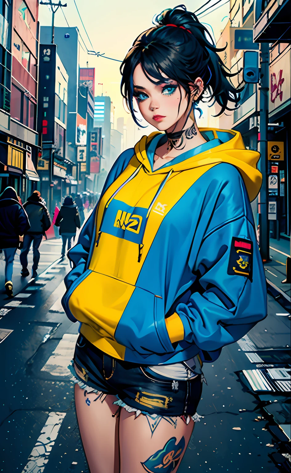 Creative inspiration: (1 woman), (blue and yellow tattoo: 1.2), (smoky makeup), (casual hoodie) (cyberpunk) (Seoul night city), (bustling street), (road perspective), halo effect