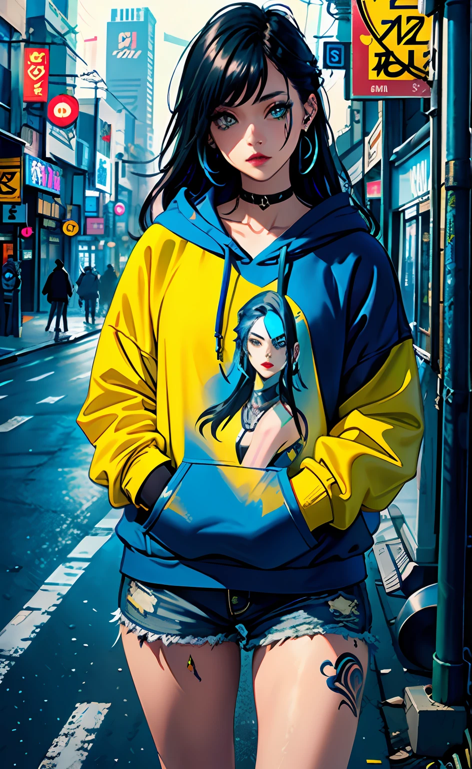 Creative inspiration: (1 woman), (blue and yellow tattoo: 1.2), (smoky makeup), (casual hoodie) (cyberpunk) (Seoul night city), (bustling street), (road perspective), halo effect
