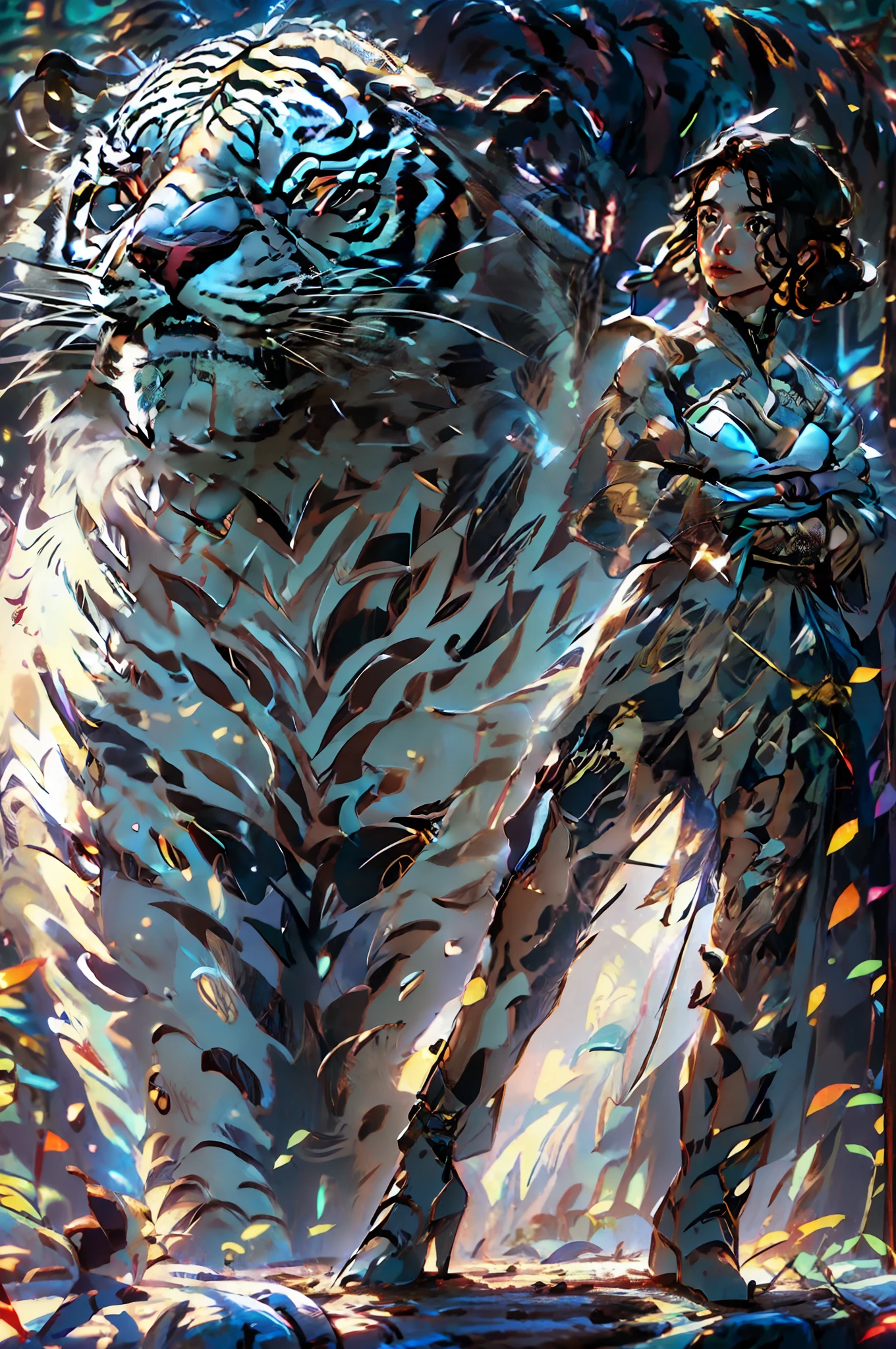 (a detailed close-up shot) of a woman (with a) large majestic white tiger, power fighting stance, impressive and captivating warrior fantasy suit, photo realistic, ((mature)), upon_body, tyndall effect, photorealistic, dark studio, rim lighting, two tone lighting, (high detailed skin:1.2), 8k uhd, dslr, soft lighting, high quality, volumetric lighting, candid, Photograph, high resolution, 4k, 8k, Bokeh,