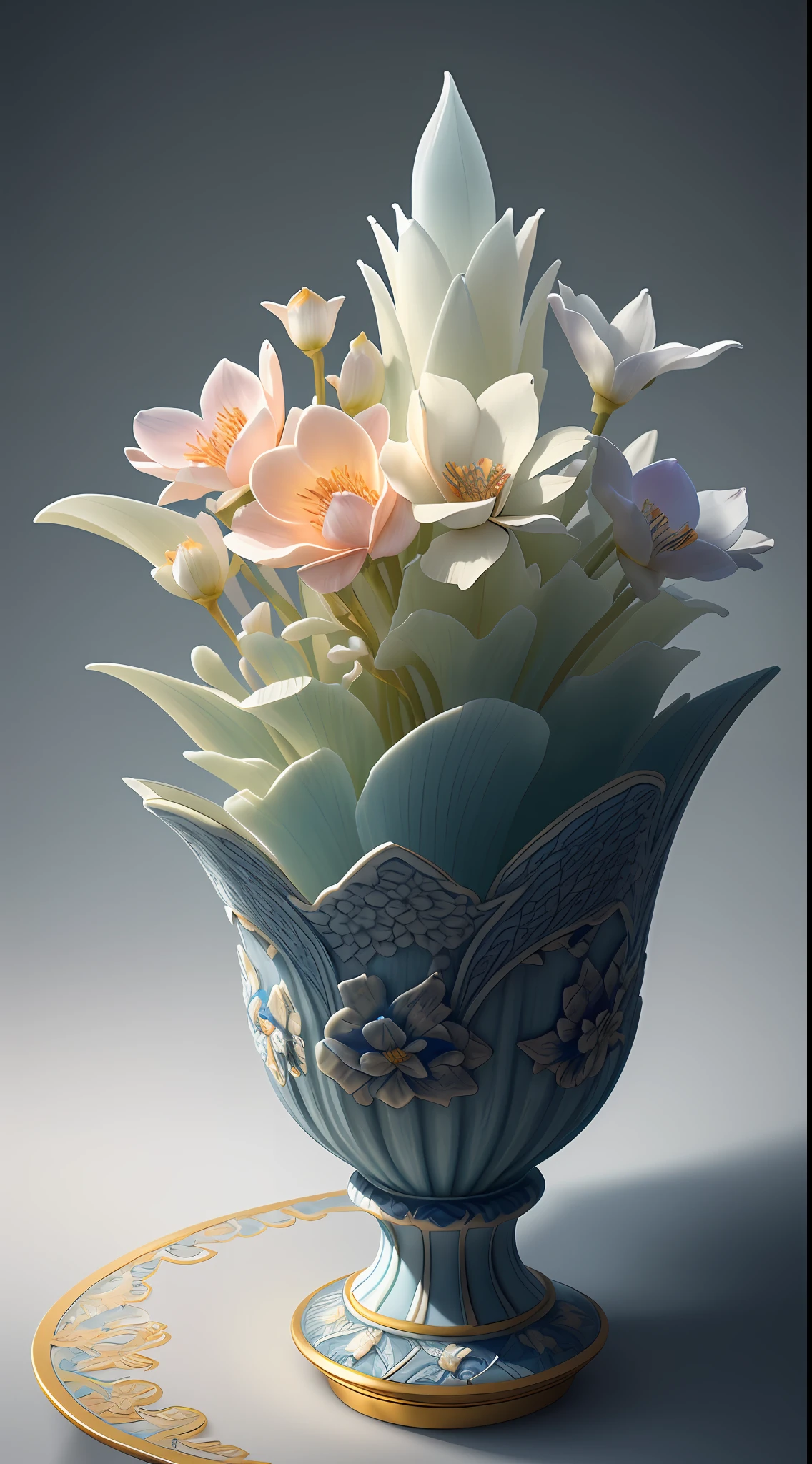 best quality, realistic, photorealistic,  ultra detailed, "Mountain of Flower and Fruit+Fairy+Chinese Architecture" highly detailed carving on "southern ice" porcelain,Ultra wide angle,Accent Lighting,Volumetric Lighting,backlighting, (detailed light),((an extremely delicate and beautiful)),dramatic_shadow,ray_tracing,hdr