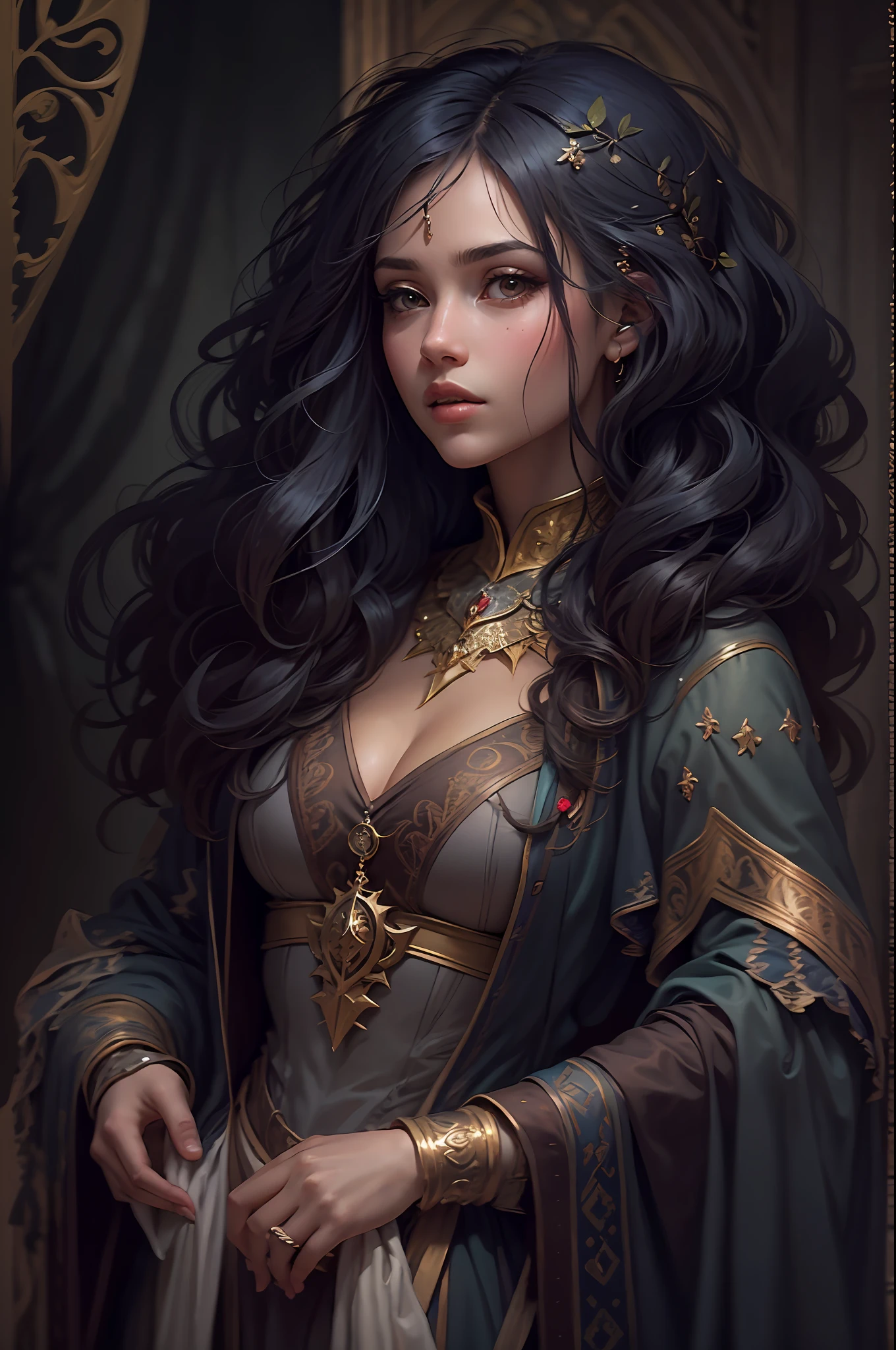 Uma mulher de cabelos pretos longos com franja com roupas sensuais, Arte de Fantasia, alto detalhe, imagem de corpo inteiro, imagem em alto detalhe, medieval