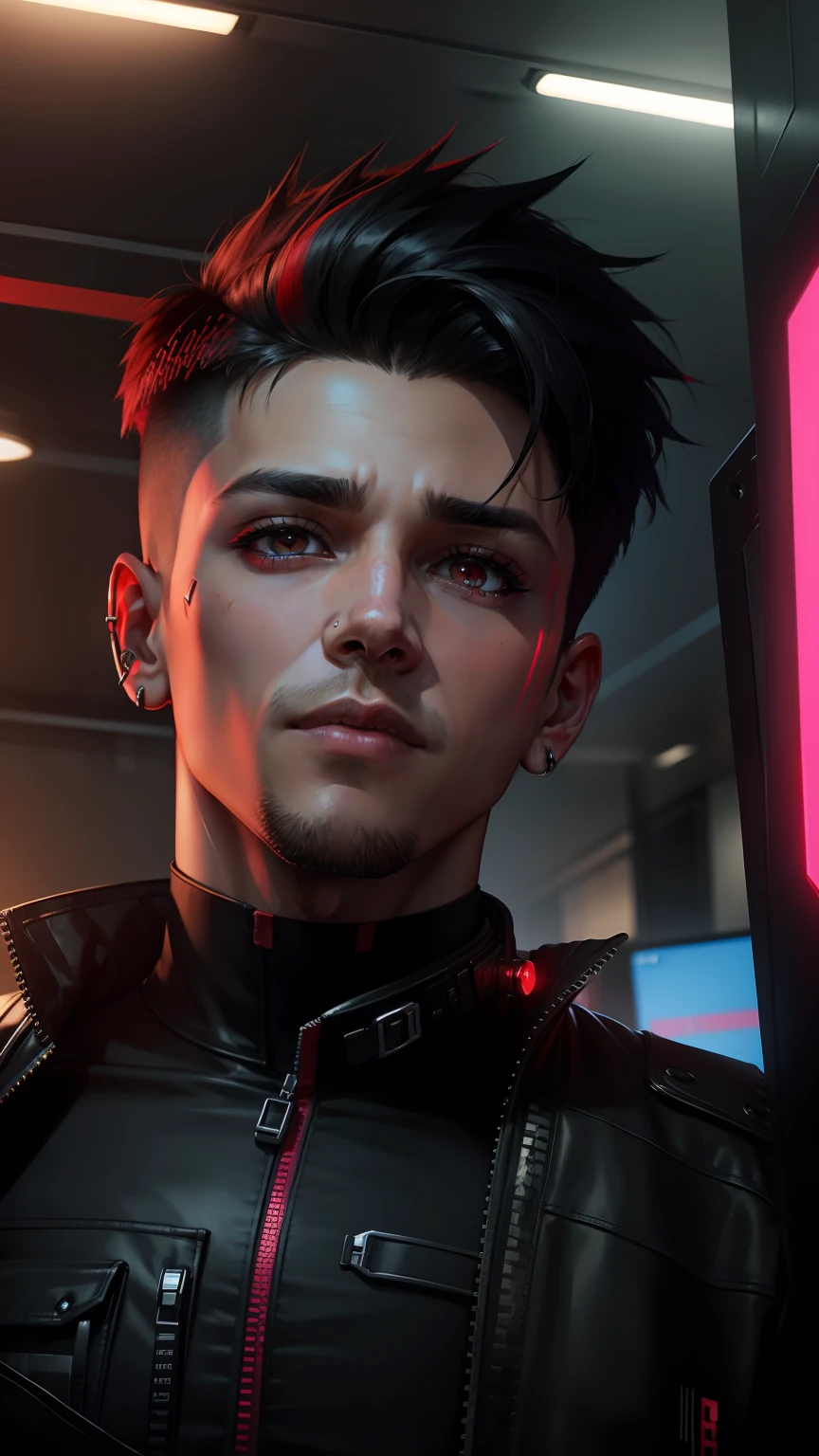 change background, handsome boy cyberpunk boy Beutifull haircut Red eye 8k