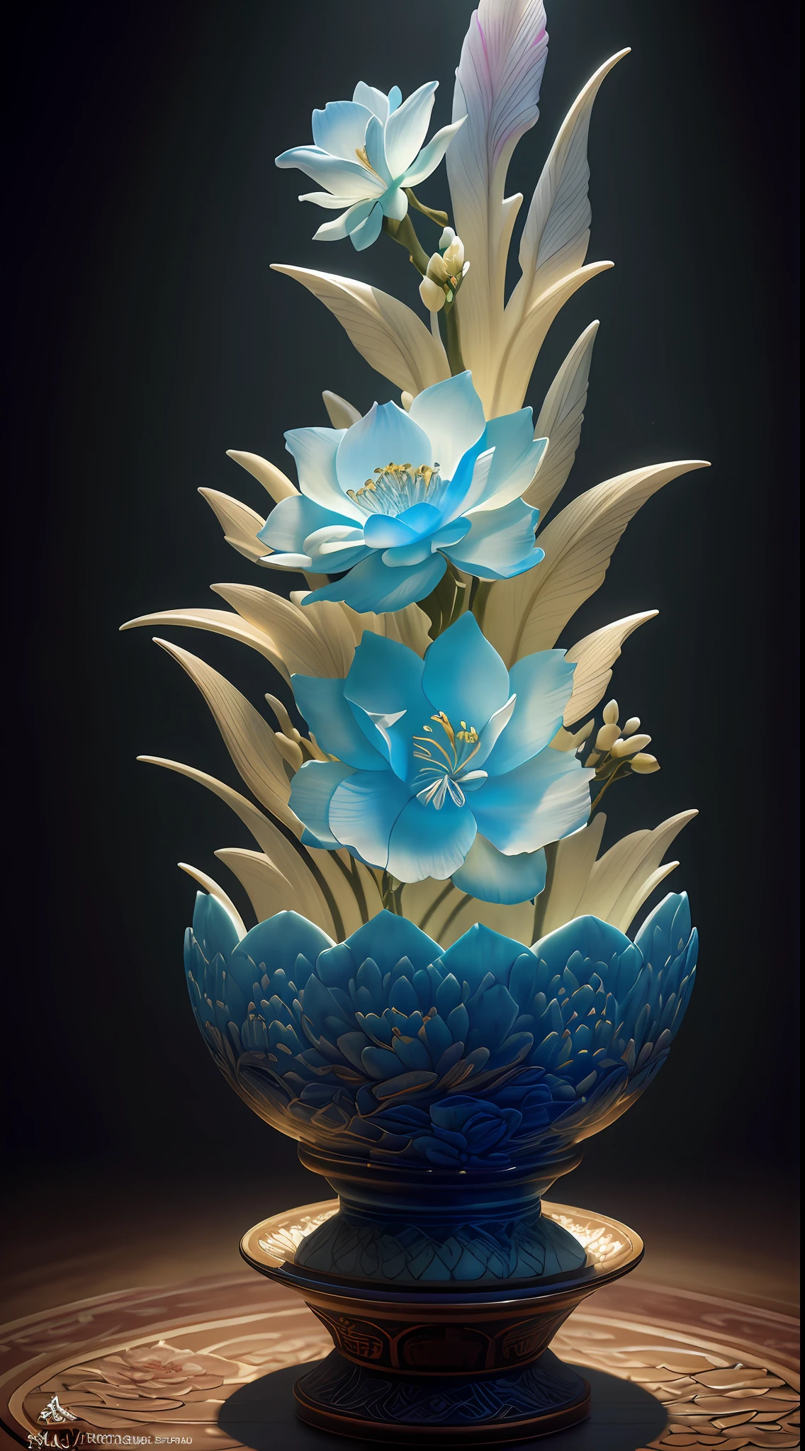 best quality, realistic, photorealistic,  ultra detailed, "Mountain of Flower and Fruit+Fairy+Chinese Architecture" highly detailed carving on "southern ice" porcelain,Ultra wide angle,Accent Lighting,Volumetric Lighting,backlighting, (detailed light),((an extremely delicate and beautiful)),dramatic_shadow,ray_tracing,hdr