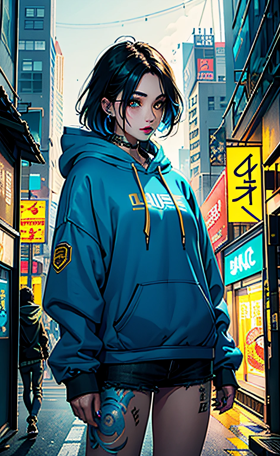 Creative inspiration: (1 woman), (blue and yellow tattoo: 1.2), (smoky makeup), (casual hoodie) (cyberpunk) (Seoul night city), (bustling street), (road perspective), halo effect