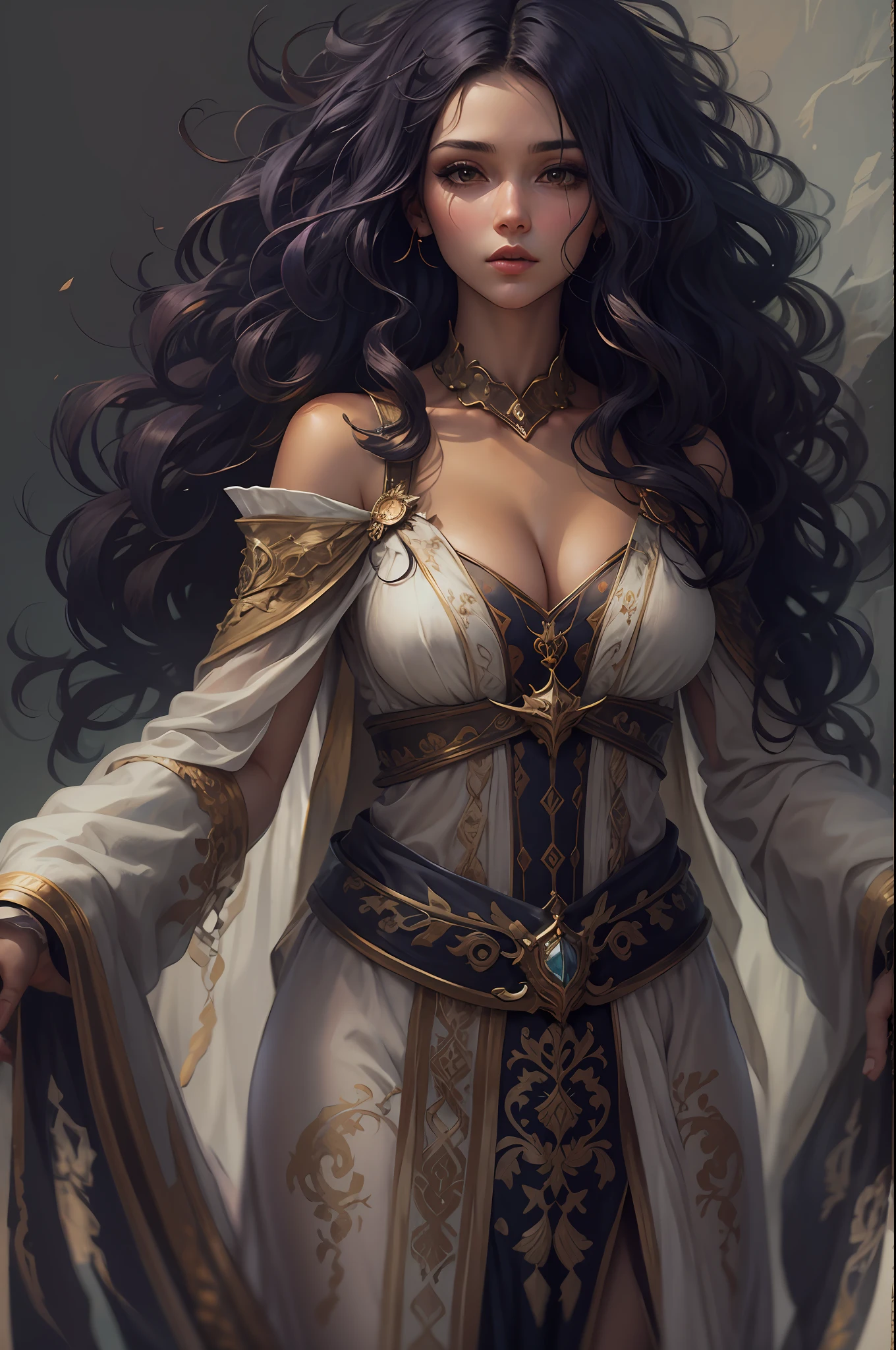 Uma mulher de cabelos pretos longos com franja com roupas sensuais, Arte de Fantasia, alto detalhe, imagem de corpo inteiro, imagem em alto detalhe, medieval