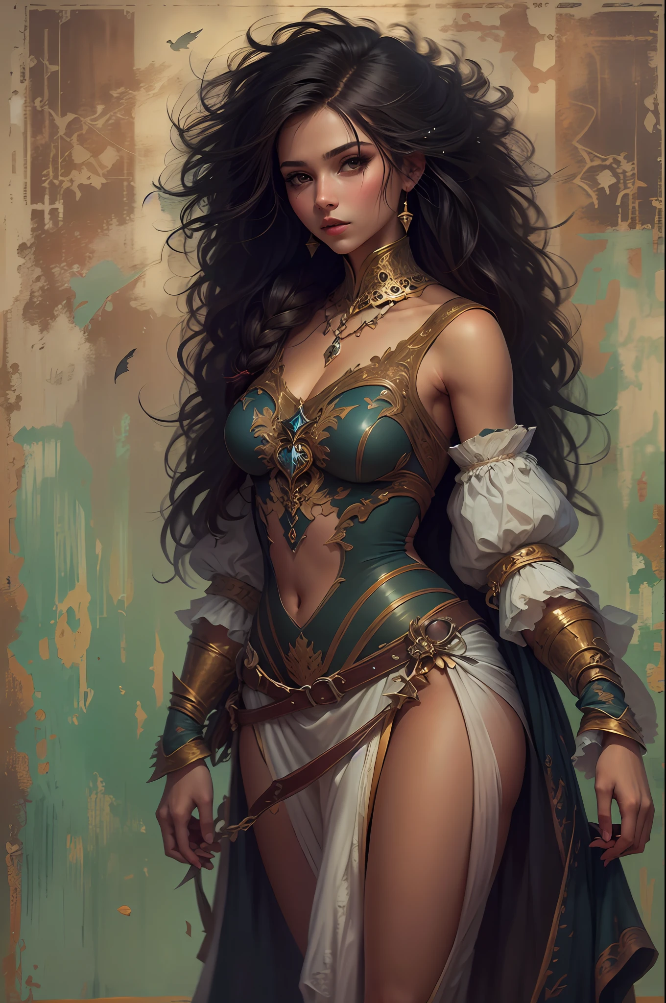Uma mulher de cabelos pretos longos com franja com roupas curtas sensuais, Arte de Fantasia, alto detalhe, imagem de corpo inteiro, imagem em alto detalhe, medieval
