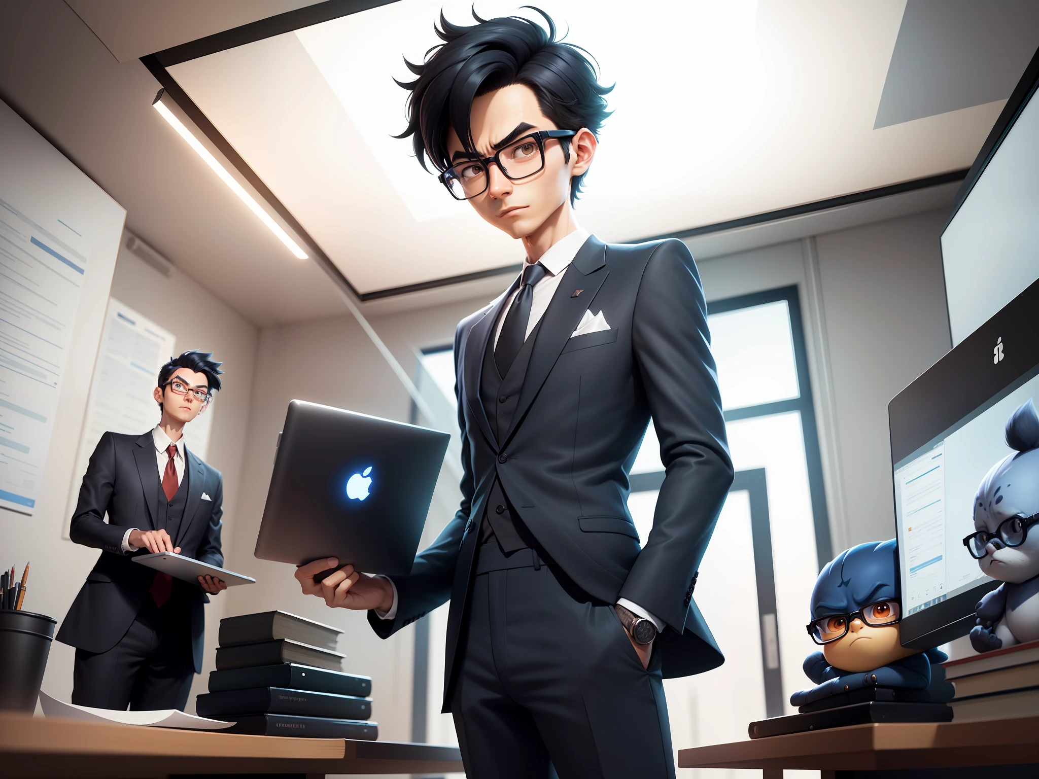 A young man in a suit and pants, Short hair and glasses sat at his desk,holding laptop,digitial painting,tigre,3D character design by Mark Clairen and Pixar and Hayao Miyazaki and Akira Toriyama,4K HD illustration,Very detailed facial features and cartoon-style visuals。