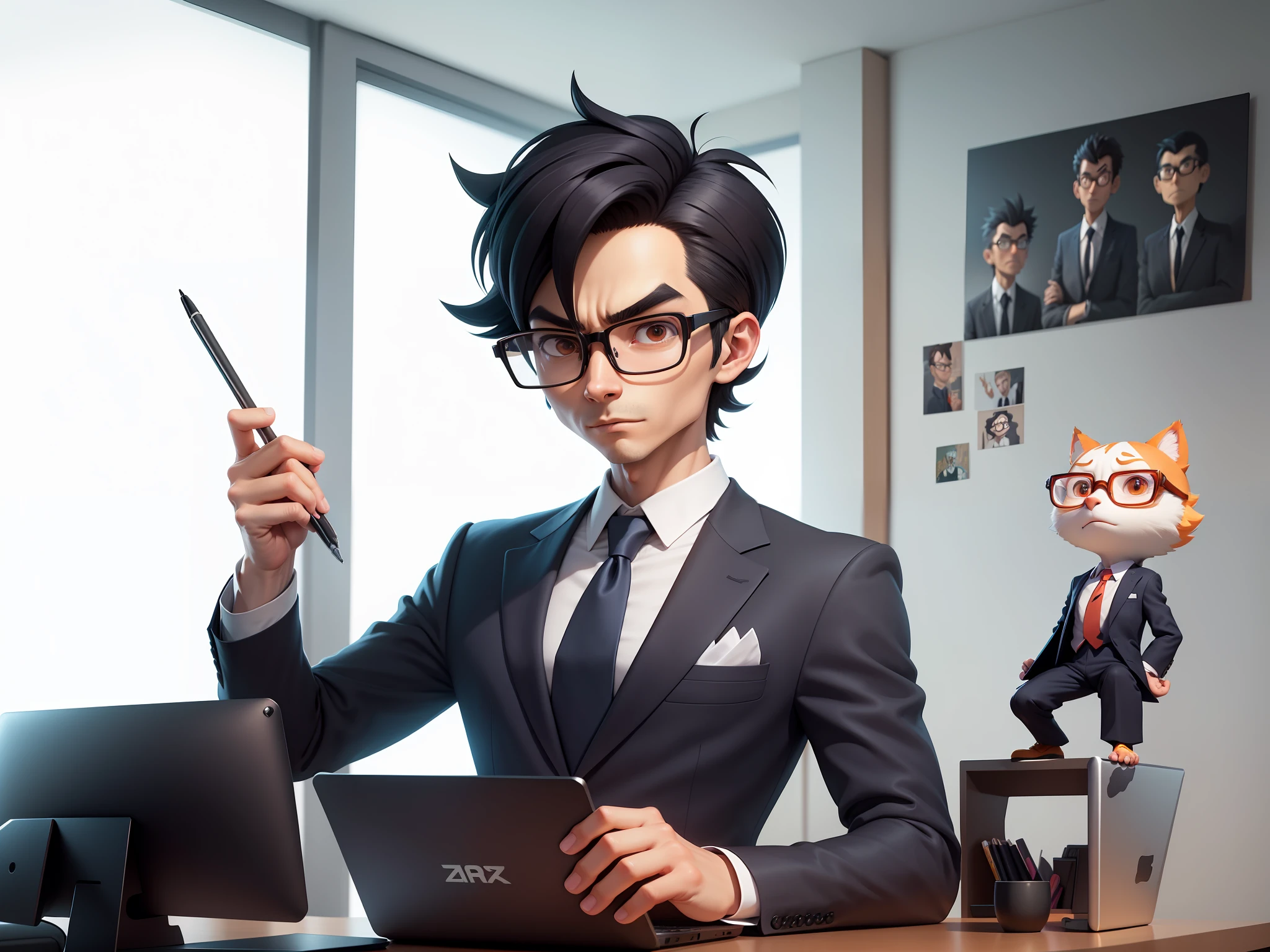 A young man in a suit and pants, Short hair and glasses sat at his desk,holding laptop,digitial painting,tigre,3D character design by Mark Clairen and Pixar and Hayao Miyazaki and Akira Toriyama,4K HD illustration,Very detailed facial features and cartoon-style visuals。
