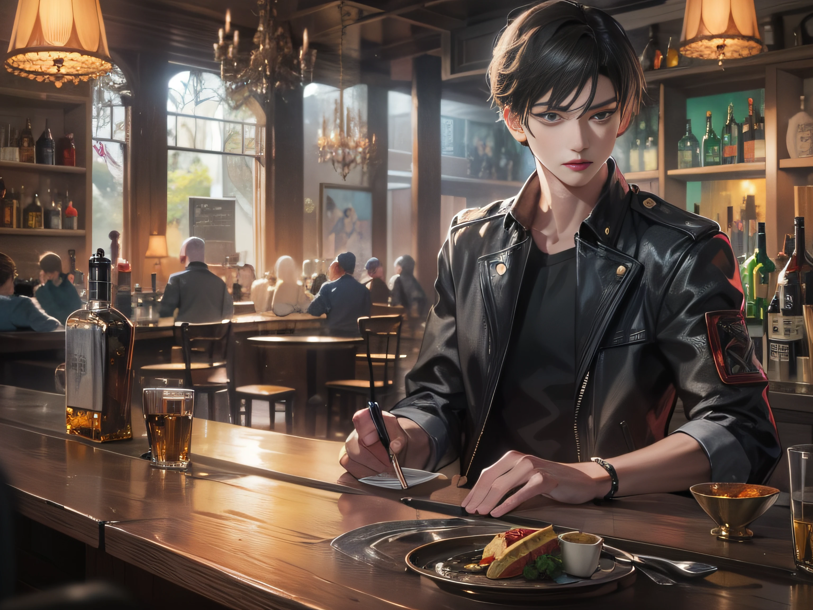 A 20-year-old boy wearing casual clothes with short black hair，Place your hands on the table，The action is dashing，Inside the bar，grand master，tmasterpiece，8k wallpaper，CG，Ultra-high image quality，light and shadow effect