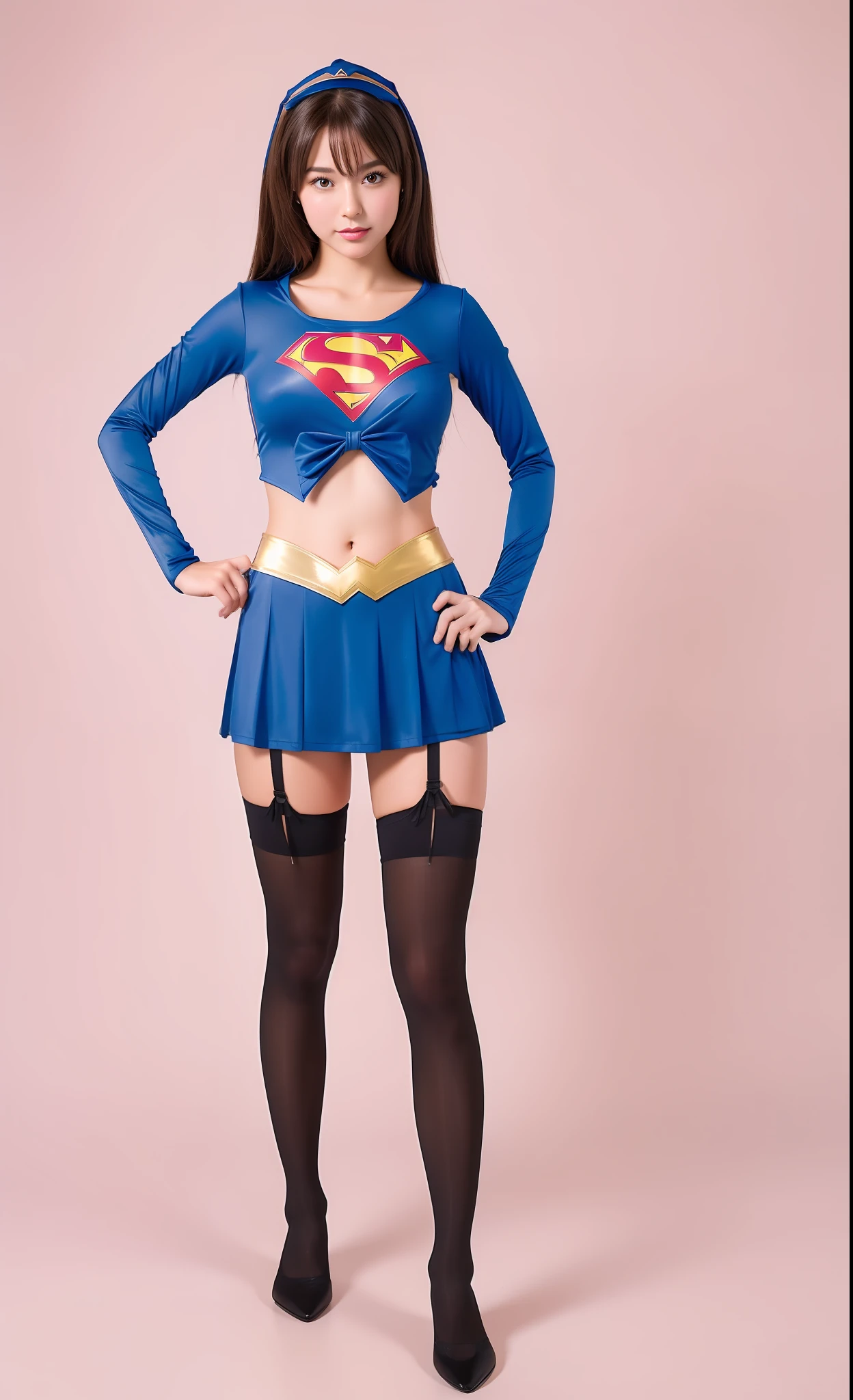 ((super girl))、((Use a costume from the original image))、((Super beautiful girl))、((Emphasis on costume body lines))、woman posing for a photo、Mini_Skirt、 Good Hand、4K、hight resolution、masterpiece、top-quality、Stockings