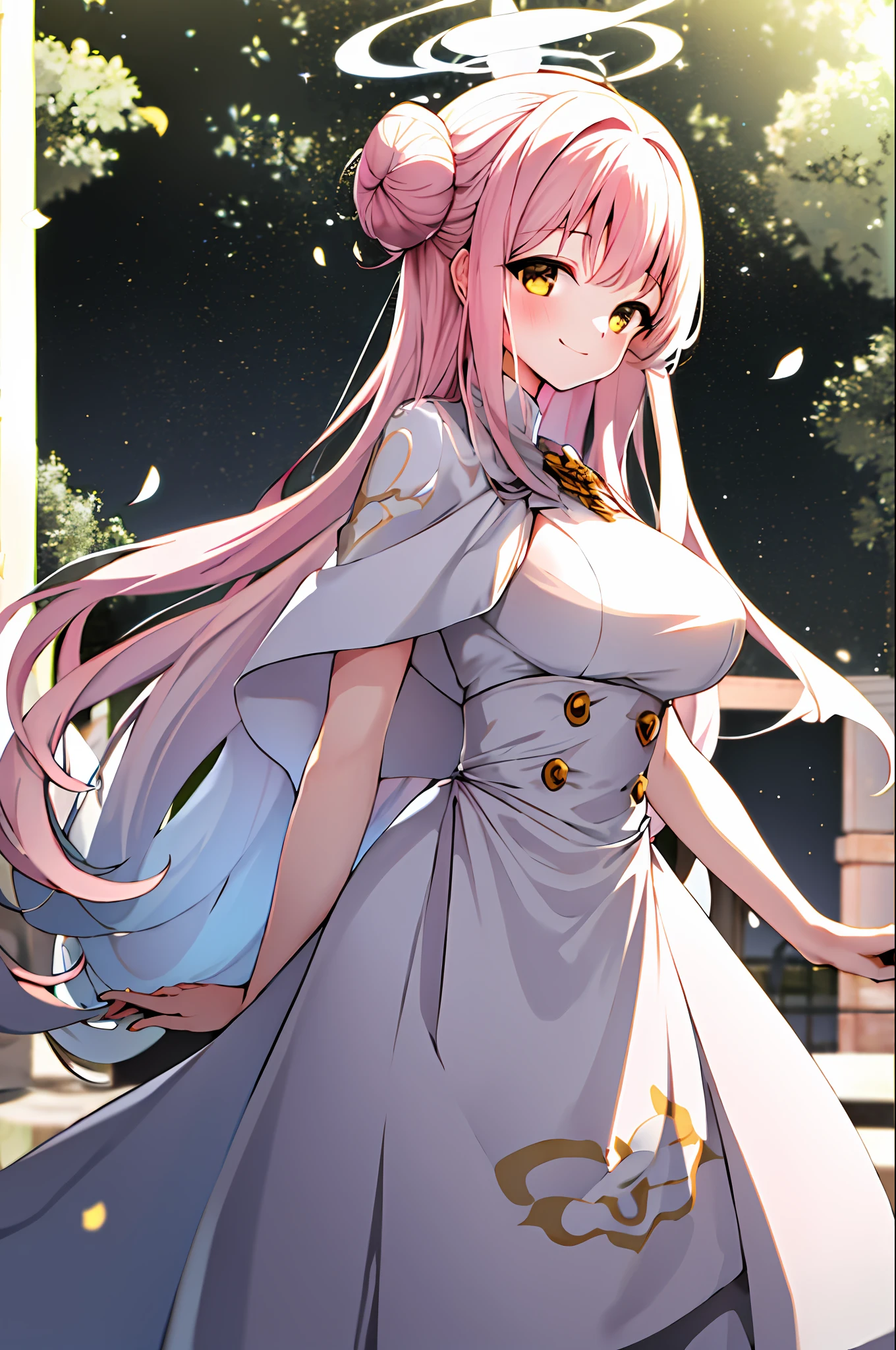 masterpiece, best quality, highres, 1girl, white capelet, white bow, white dress, pink hair, yellow eyes, single hair bun, halo, ((outdoors)), petals, pink theme, smile, large breasts, cinematic