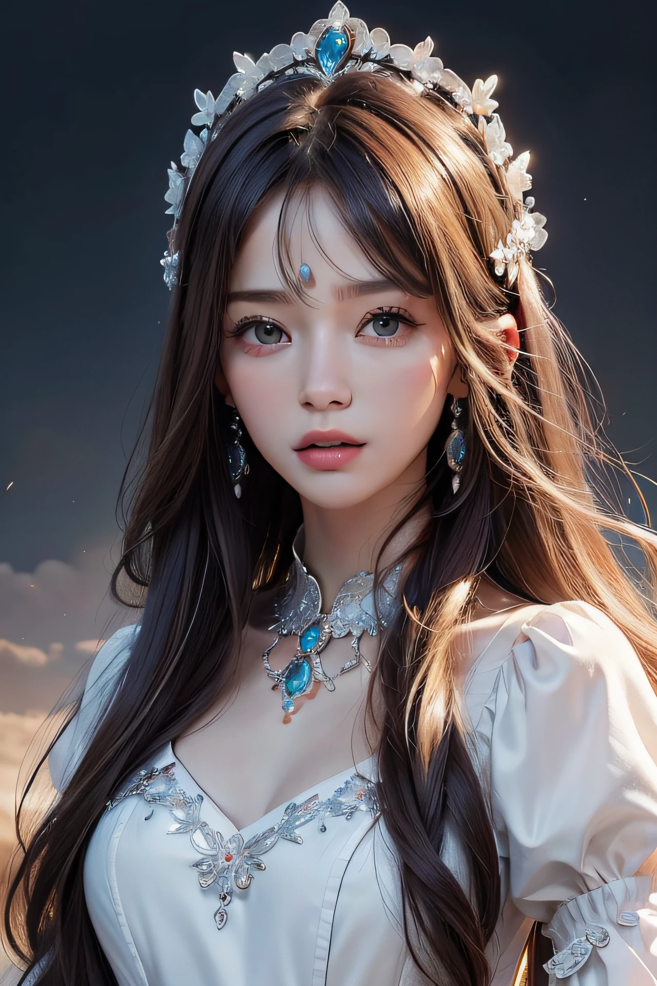 （8K， RAW， professinal， best qualtiy， tmasterpiece：1.2）， （realisticlying，realisticlying：1.37）， hyper-detailing， （portrait）， （highest detailed skin：1.2）， （Face in the highest detail：1.2）， cinmatic lighting， 1girll，elaborate faces，Ball head，(Hair coloring on the inside:1.2)，Exquisite headdress，mischievous，White dress，The upper part of the body，dreamy background，Clouds，Buble，