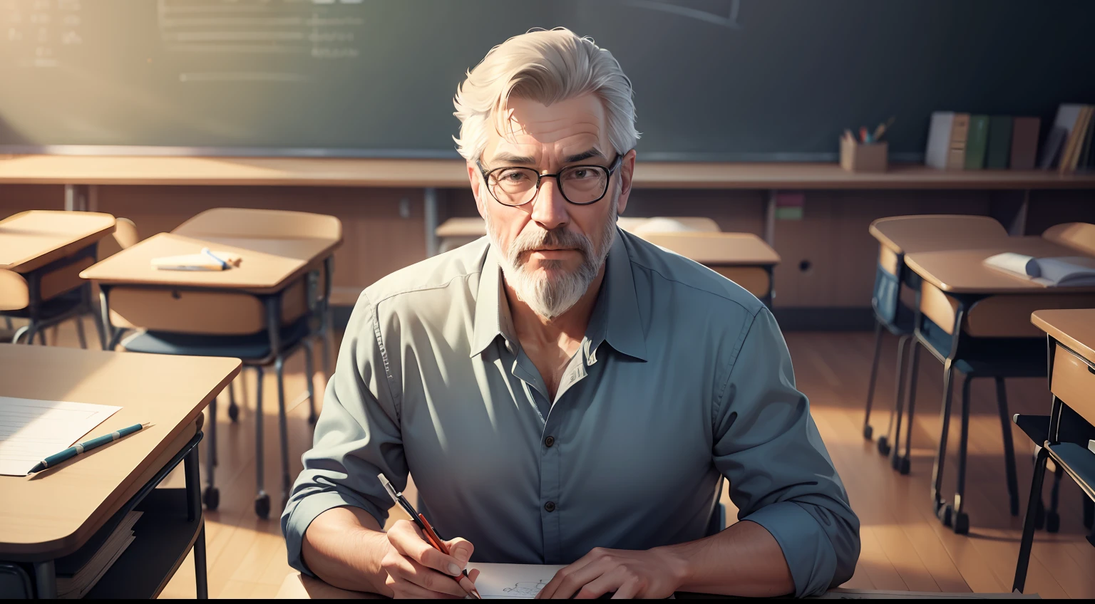 Drawing, ultra realistic, 8k, extremely detailed, in the best quality, a man, looking 50 years old, teacher, with beard, and glasses, in a classroom with students, at his desk, teaching.
