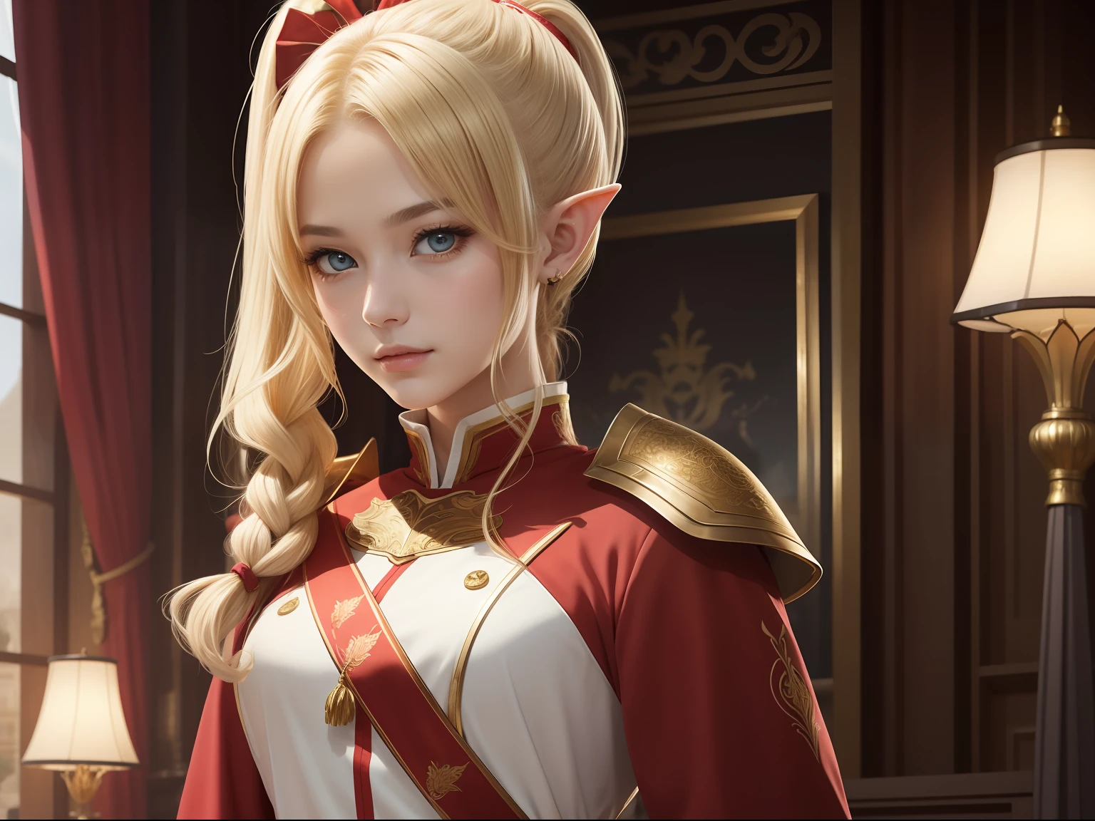 （​masterpiece）8K分辨率、top-quality、well-groomed and delicate eyes、Woman in Knight's Uniform、Nice Buddy、Golden hair ponytail、elf-ears、Red and White Knight Uniform、