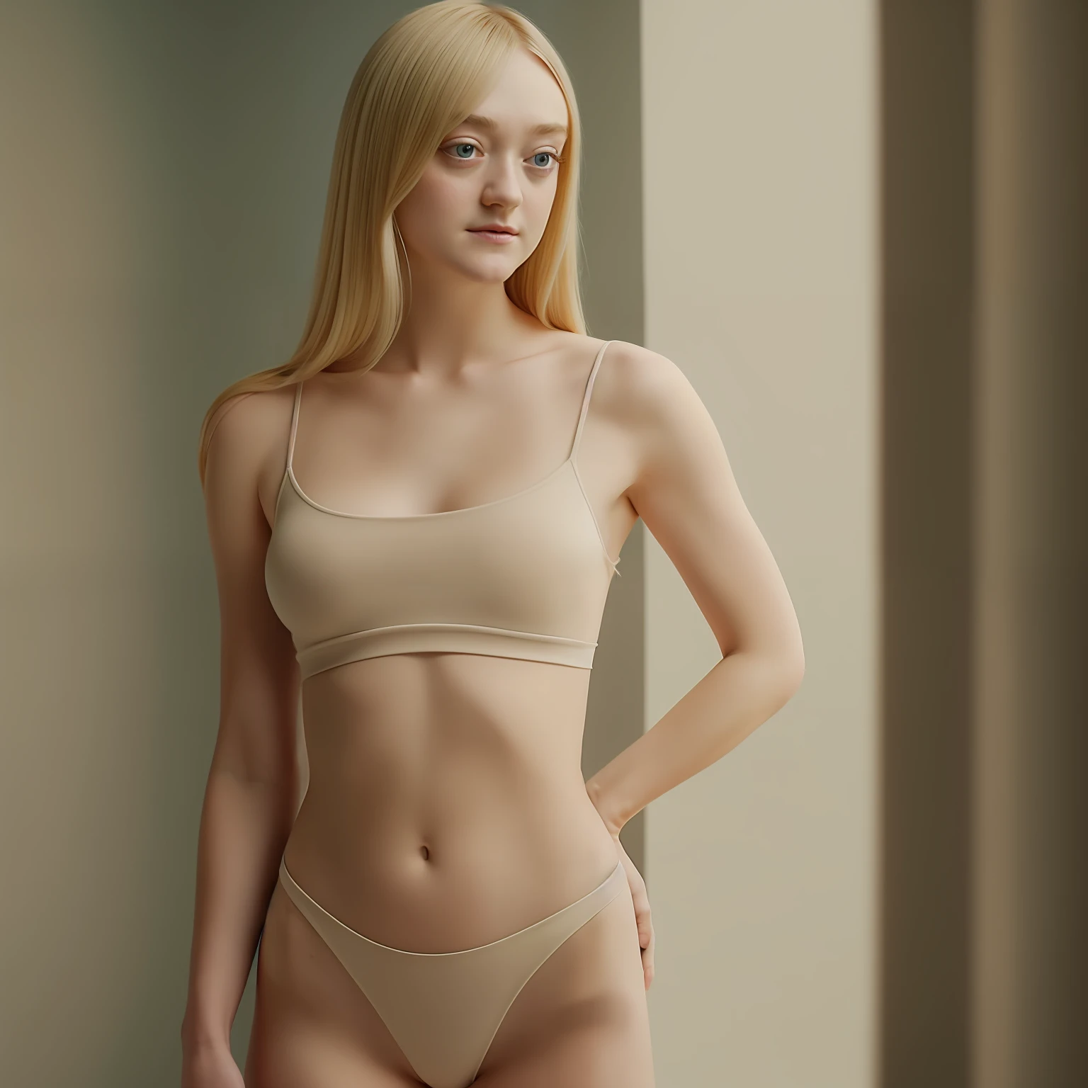 blond woman, standing, no clothes, perfect body, perfect body shape, full body, dakota fanning, soft portrait shot 8 k, female portrait, james jean soft light 4k, james jean soft light 4 k, a still of an ethereal