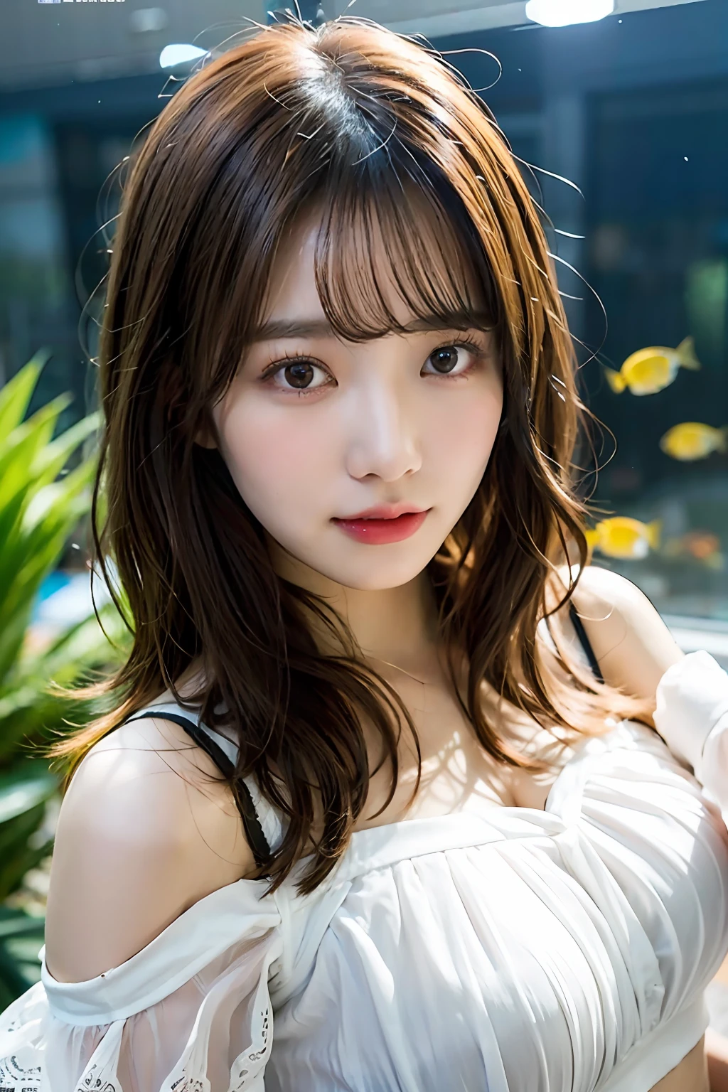 top-quality、超A high resolution、Photorealsitic、1 Idol Girl、with round face、White lace loose shirt emphasizing off-shoulder chest、tight skirts、Huge aquarium swimming flock of aquarium fish on background、Take a selfie with the camera in one hand、Footage taken with your own camera、selfie photo、(short reddish-brown wavy hair、)、huge-breasted、Selfie close-up、Look at viewers、