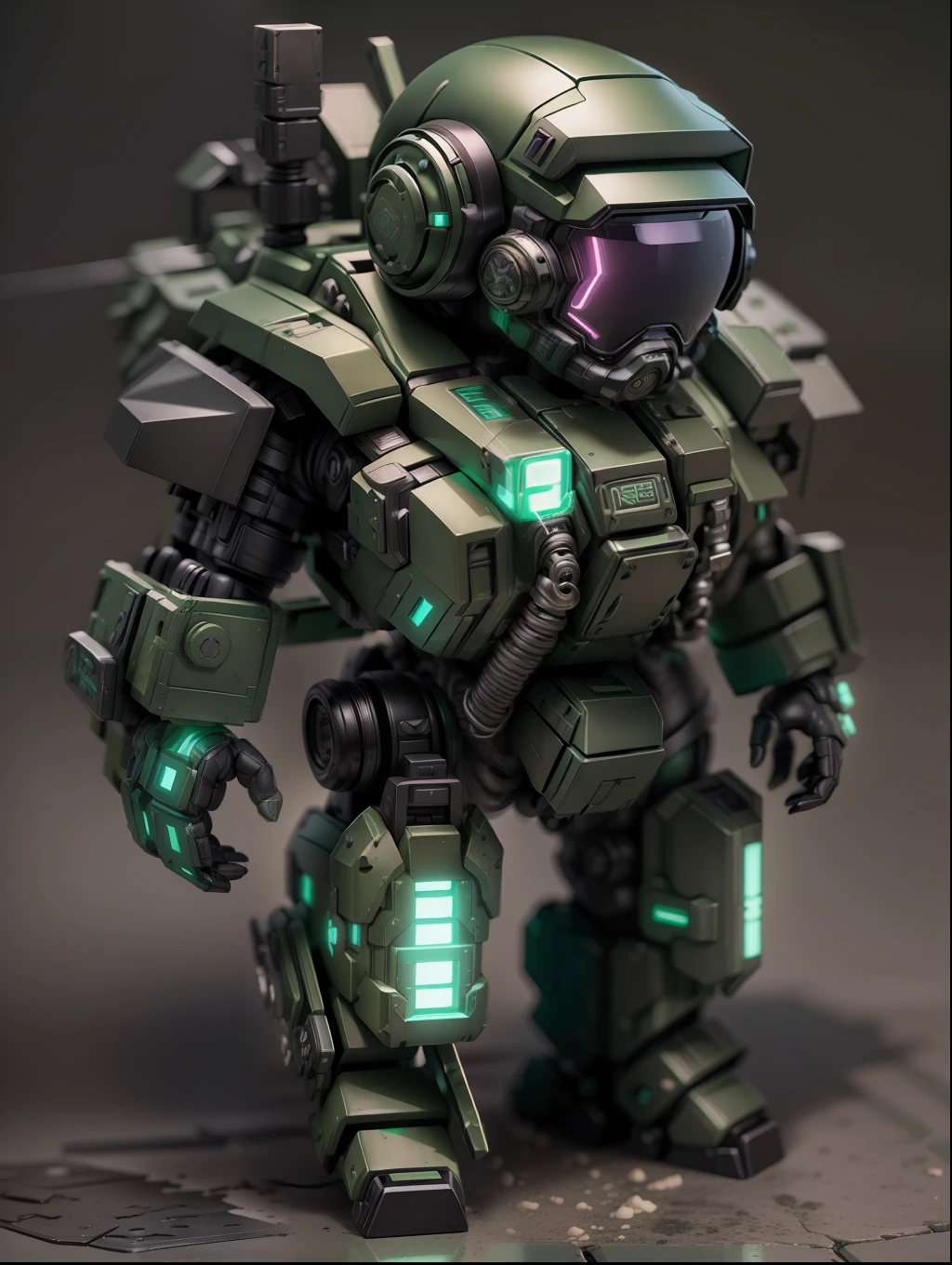 (Blind box toy style:1.2), (Full body shot) , 1 cute fat metal male machine gunner, Metal mech,Metal opaque helmet, cyber punk perssonage, dreamy glow, Clean, Black draft,Green and black style, ( Global illumination, Ray traching, hdr, unreal render,reasonable design, high detal, Masterpiece, Best quality, hyper HD, Cinematic lighting)