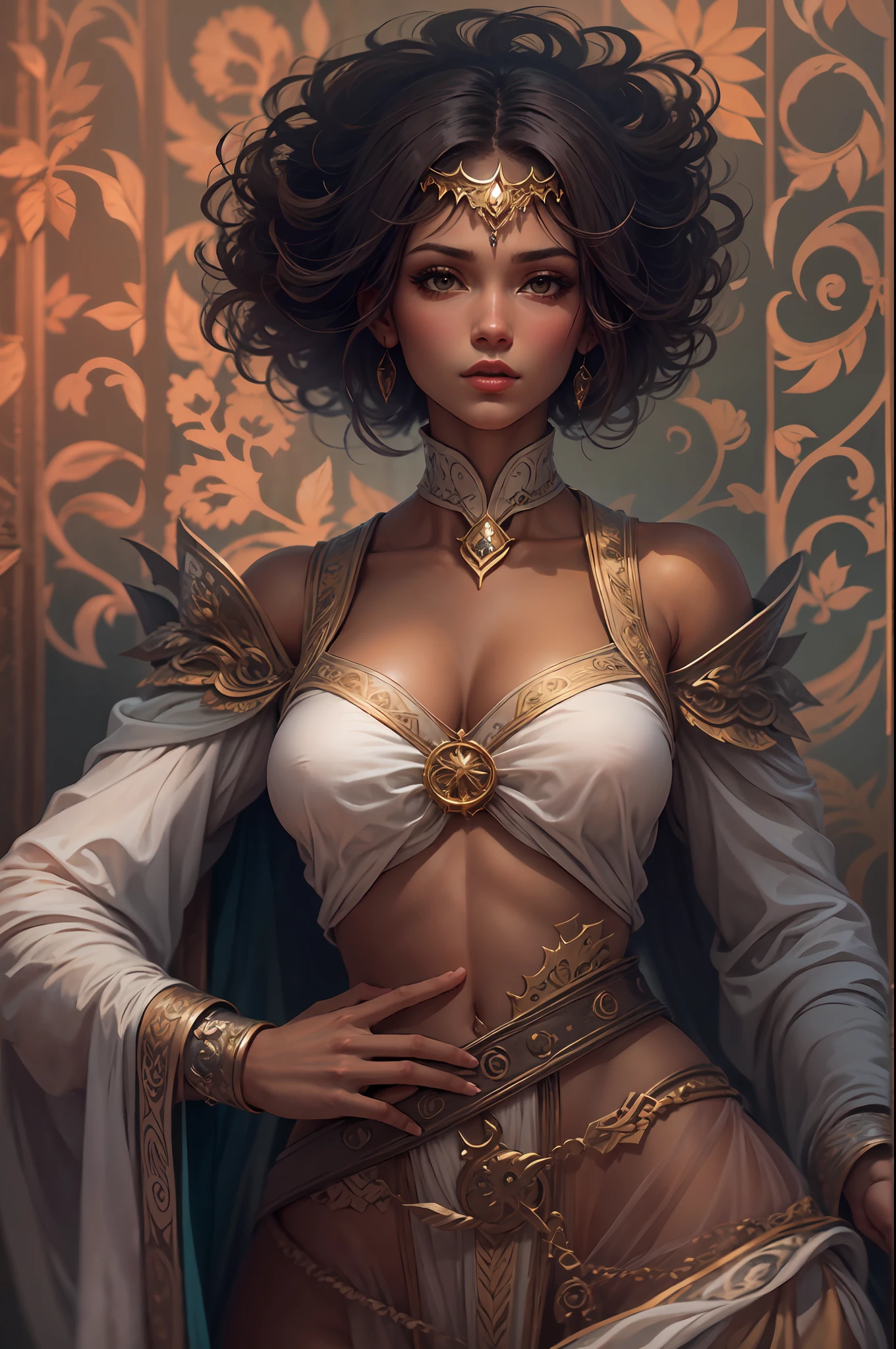 Uma bela mulher de cabelos pretos longos com franja com roupas curtas sensuais, Arte de Fantasia, alto detalhe, imagem de corpo inteiro, imagem em alto detalhe, medieval