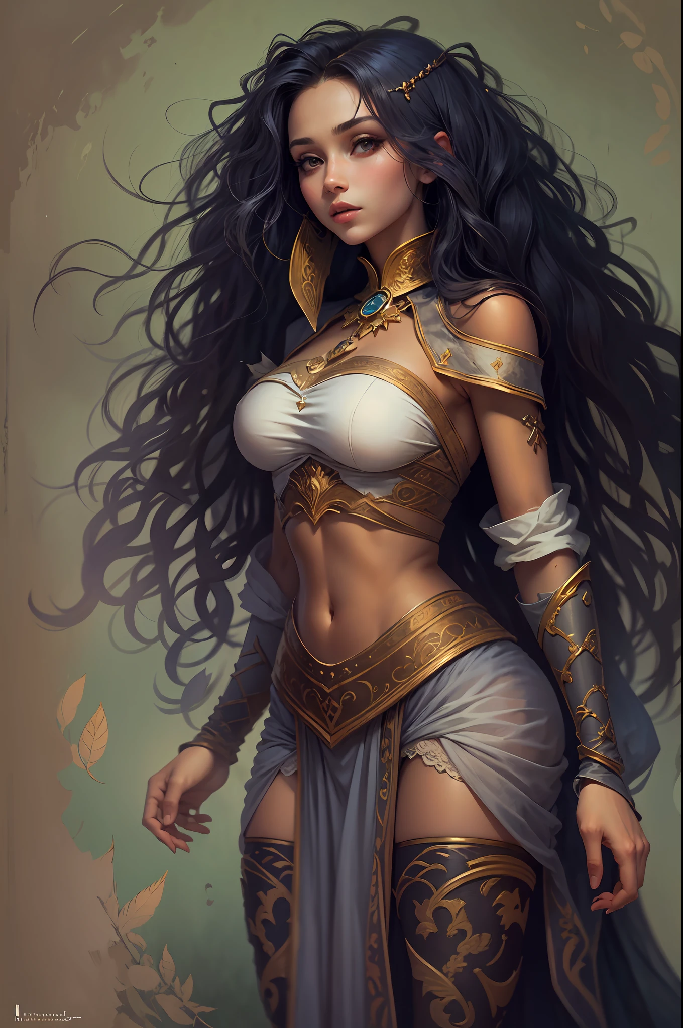 Uma bela mulher de cabelos pretos longos com franja com roupas curtas sensuais, Arte de Fantasia, alto detalhe, imagem de corpo inteiro, imagem em alto detalhe, medieval