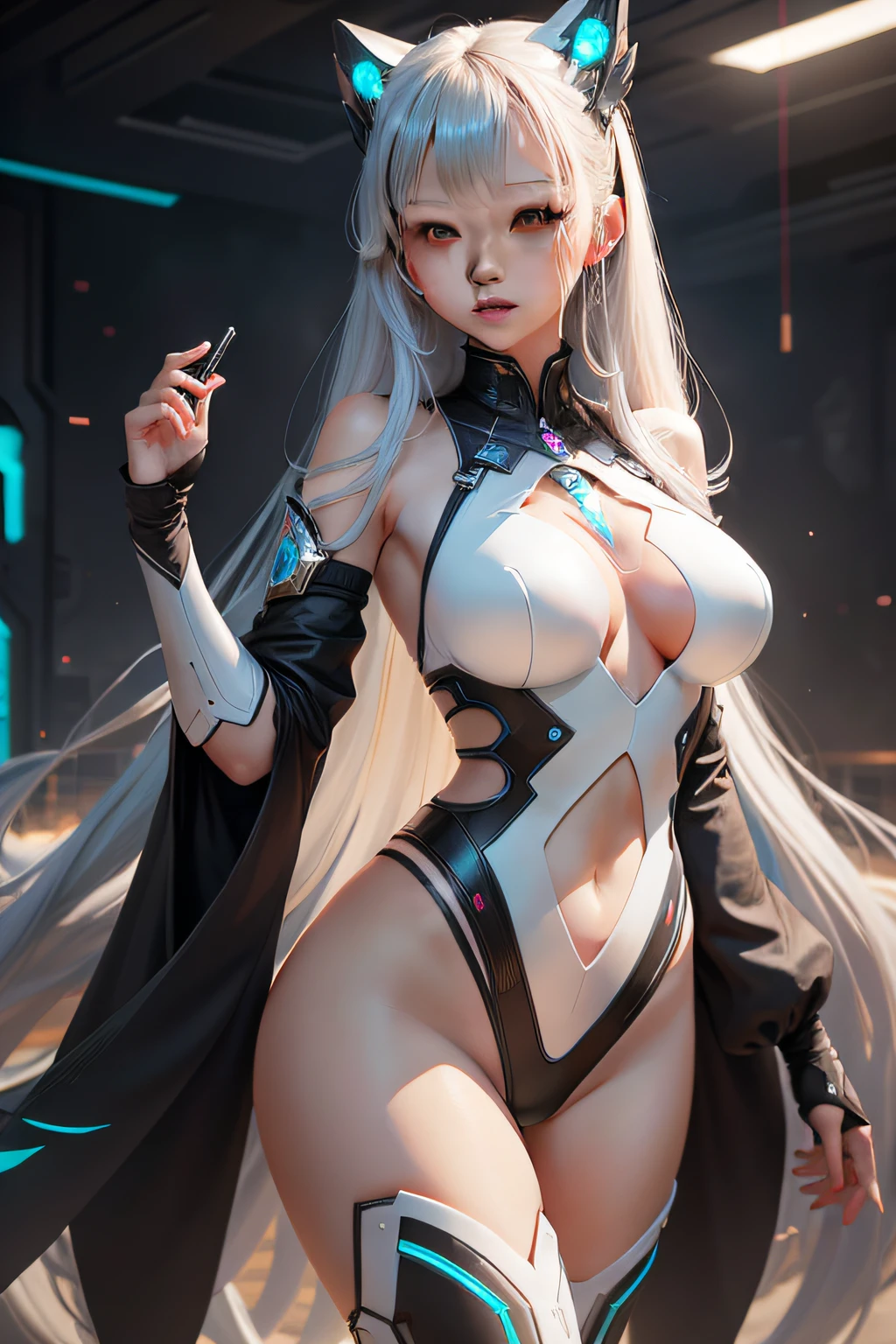 Raised sexy，比基尼，perfect figure beautiful woman，sci fi background，Openwork，long whitr hair，full bodyesbian