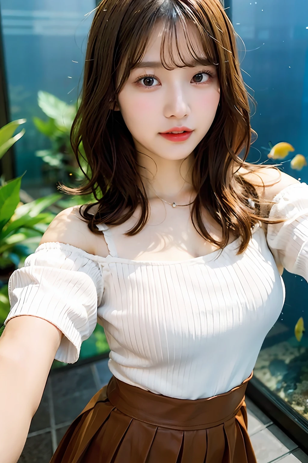 top-quality、超A high resolution、Photorealsitic、1 Idol Girl、with round face、White lace loose shirt emphasizing off-shoulder chest、tight skirts、Huge aquarium swimming flock of aquarium fish on background、Take a selfie with the camera in one hand、Footage taken with your own camera、selfie photo、(short reddish-brown wavy hair、)、huge-breasted、Selfie close-up、Look at viewers、