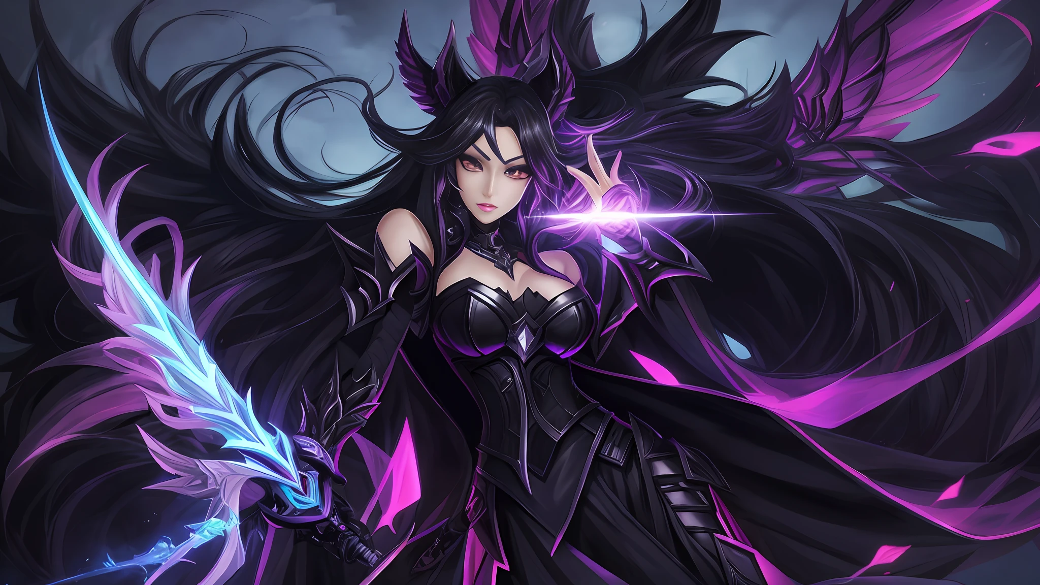 tmasterpiece, Highest image quality, art cg, ultra-clear, 1girll, Black scaled demon monster, Anime girl with wings and sword on dark background, ahri, Artgerm Plat, Irelia from League of Legends, artgerm detailed, Extremely detailed Artgerm, Irelia, morgana from league of legends, artgerm art, in the style of artgerm, ahri from league of legend, Style Artgerm