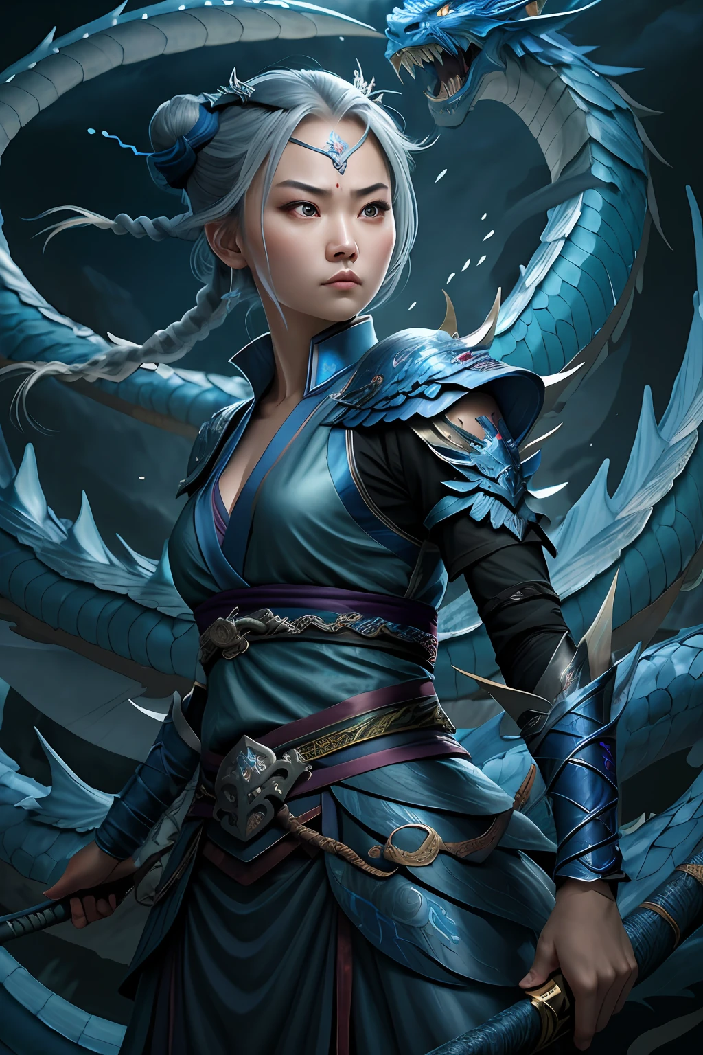 masterpiece, best quality, Asian fairy ninja, 1woman and iris blue dragon, Chinese dragon pan glaring at girl, bun, dark gray background,