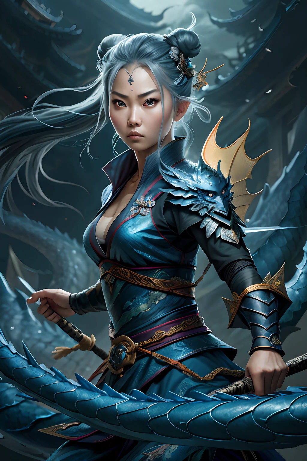 masterpiece, best quality, Asian fairy ninja, 1woman and iris blue dragon, Chinese dragon pan glaring at girl, bun, dark gray background,
