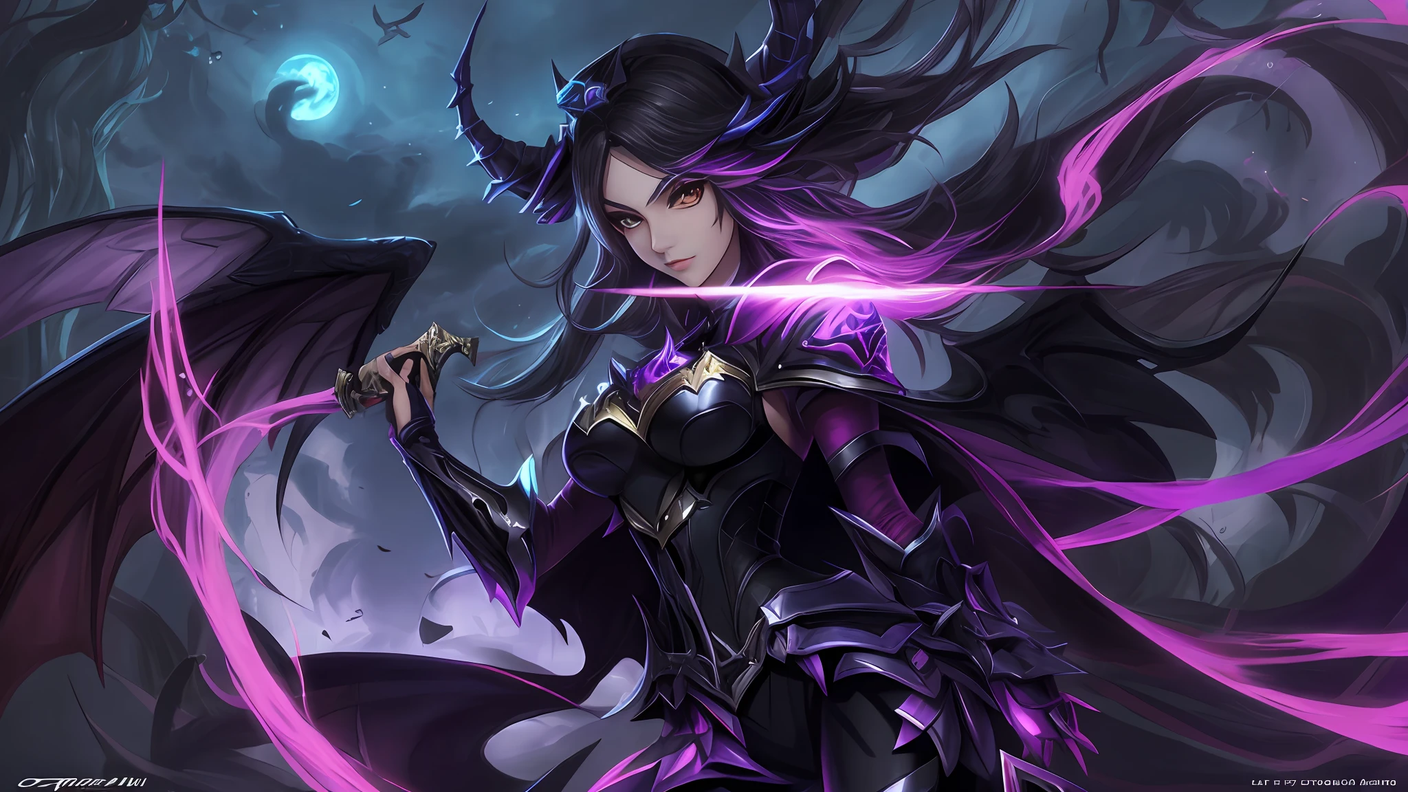 tmasterpiece, Highest image quality, art cg, ultra-clear, 1girll, Black scaled demon monster, Anime girl with wings and sword on dark background, ahri, Artgerm Plat, Irelia from League of Legends, artgerm detailed, Extremely detailed Artgerm, Irelia, morgana from league of legends, artgerm art, in the style of artgerm, ahri from league of legend, Style Artgerm