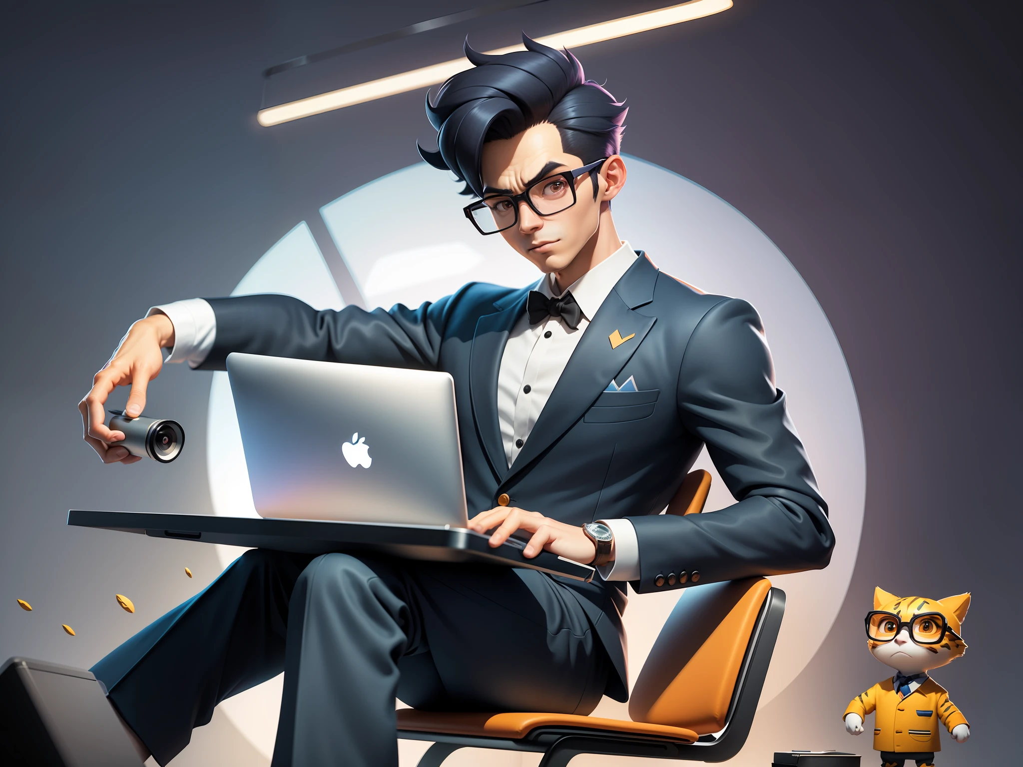 A young man in a suit and pants, Short hair and glasses sat at his desk，holding laptop，digitial painting，tigre，3D character design by Mark Clairen and Pixar and Hayao Miyazaki and Akira Toriyama，4K HD illustration，Very detailed facial features and cartoon-style visuals。