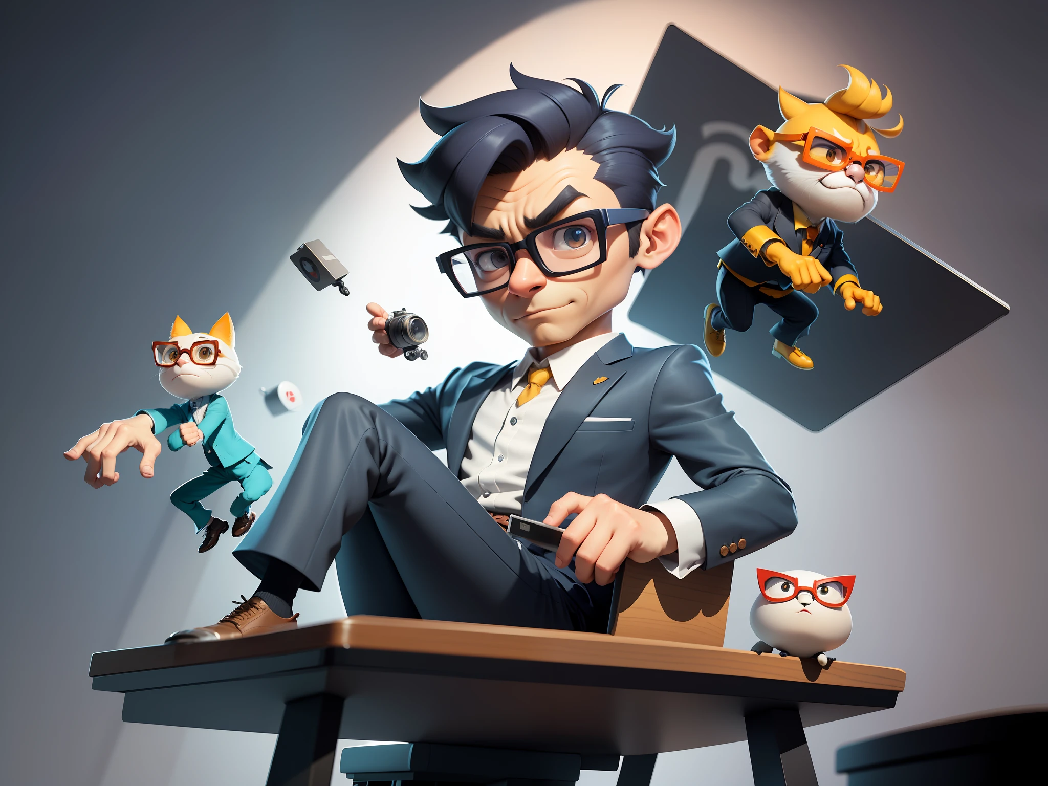 A young man in a suit and pants, Short hair and glasses sat at his desk，holding laptop，digitial painting，tigre，3D character design by Mark Clairen and Pixar and Hayao Miyazaki and Akira Toriyama，4K HD illustration，Very detailed facial features and cartoon-style visuals。