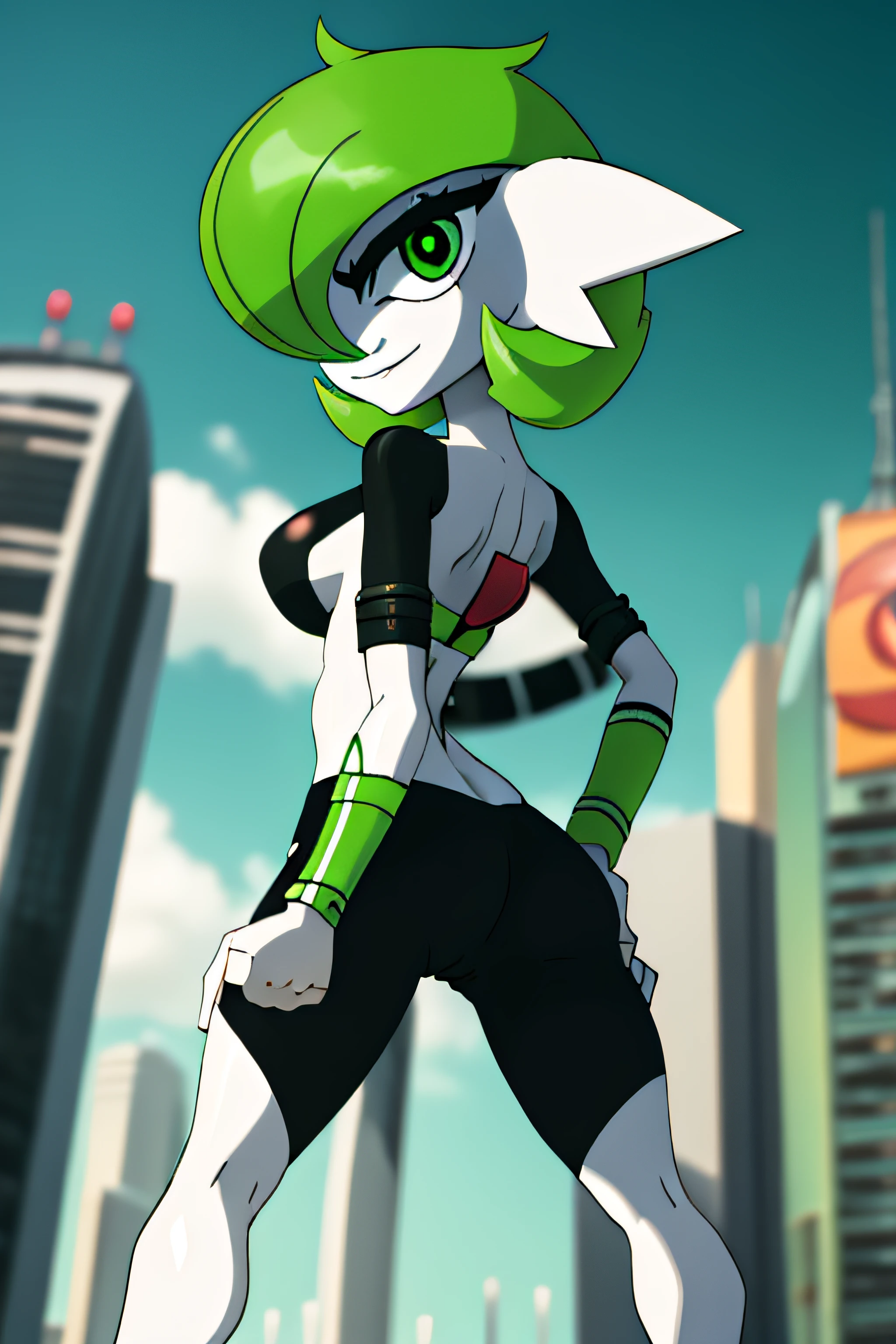 masterpiece, best quality, 1boy, bentennyson, gardevoir, female, wide hips, big butt, green eyes, black skimpy shorts, black bra, green leggings, smile, city background