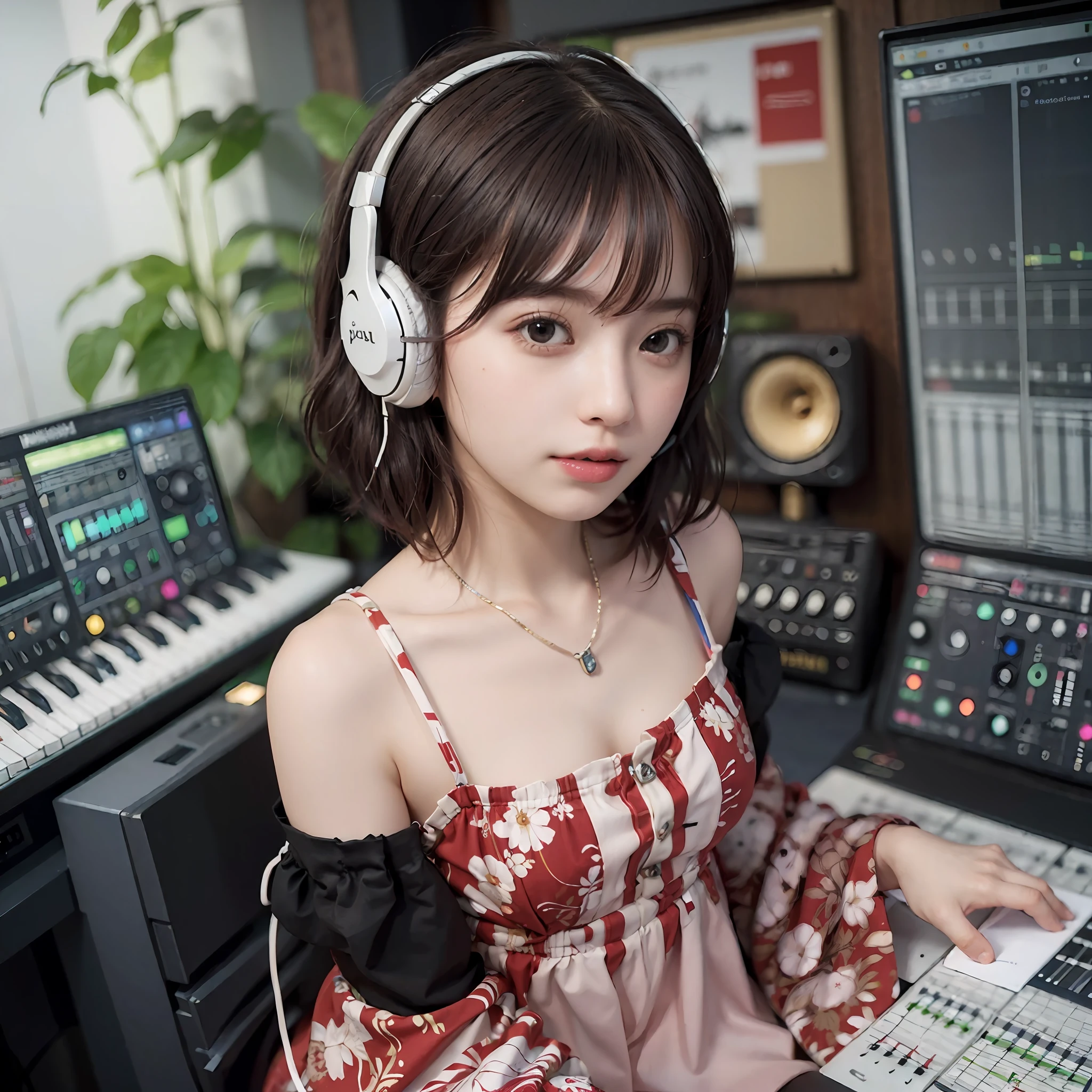 Best Quality, masutepiece, (Photorealistic:2), Ultra High Resolution, Highly detailed, A hyper-realistic, 1girl in, ((Red headphones)), (Longer dress), Floral pattern, colourfull_hair、(((very_Short_hair))), Short hair, Slim body, Full Shot, Looking at Viewer, ((Music Studio)), Bright atmosphere, spot light, Detailed background