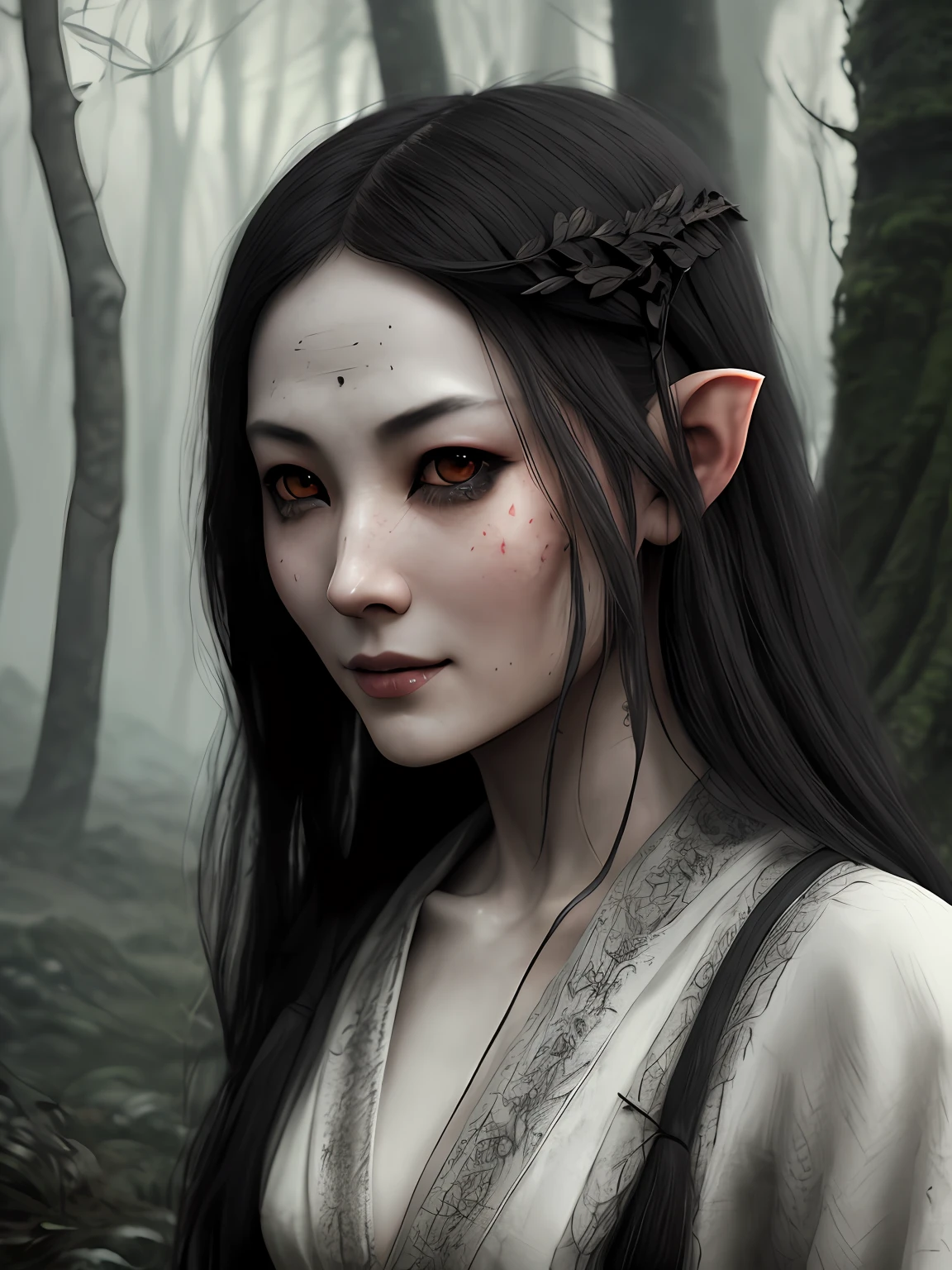 Asian Arwen with beautiful brown eyes from LOTR walks along the river, elf ears, white skin, blush, (cheeky smile),
(visible :0.9) through white silk air dress
slate atmosphere, cinematic, dark shot, muted colors, film grainy, insane details, intricate details, hyperdetailed,
((cartoon style)), mystical, elegant, beautiful face, long black hair, moss forest
danger, (fear and horror), mordor, creepy, darkest terror background,
(detailed skin, skin texture), intricately detailed, fine details, hyperdetailed, raytracing, subsurface scattering, diffused soft lighting, shallow depth of field, by (Oliver Wetter)