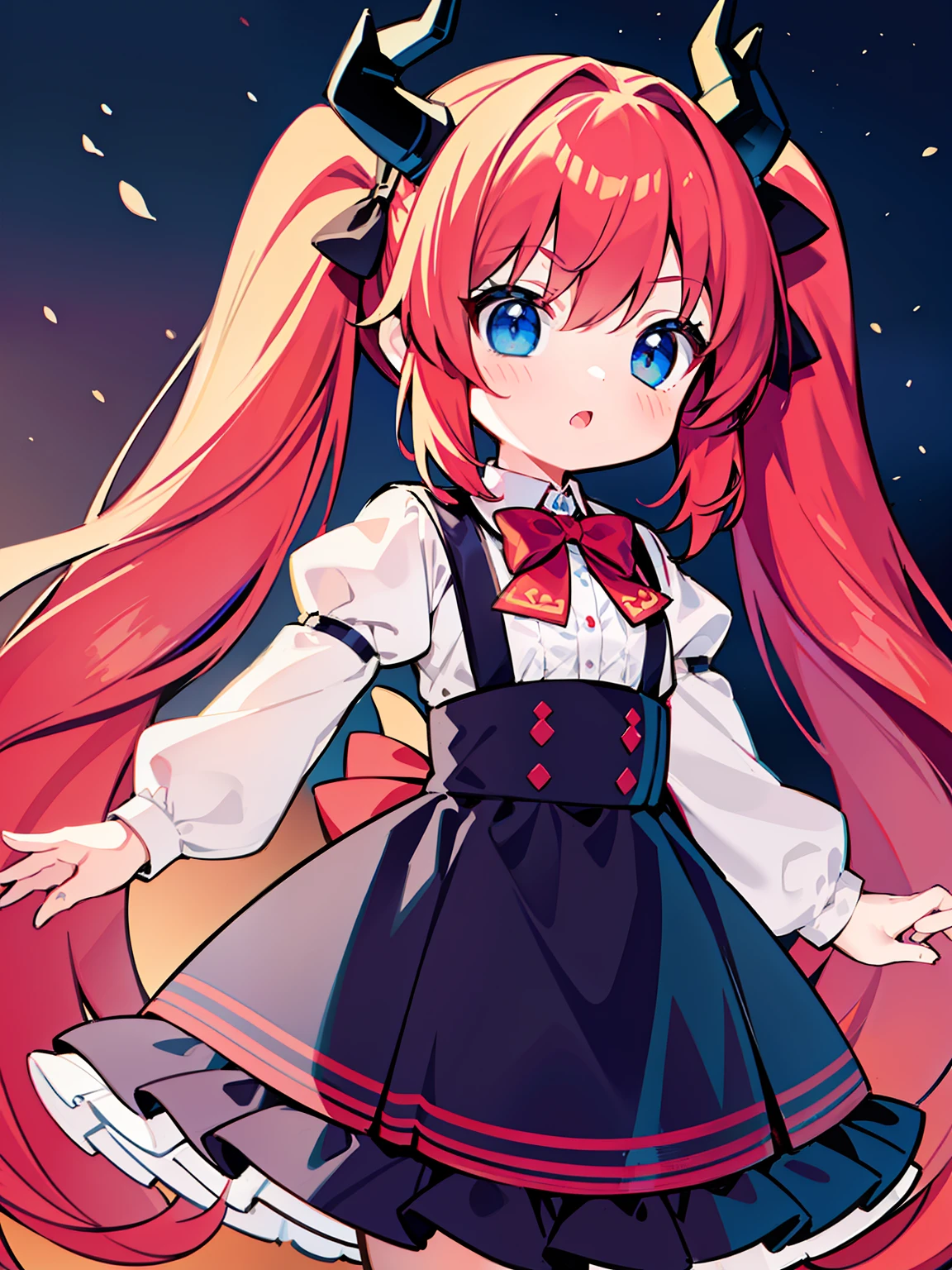 {{best quality}}, {{masterpiece}}, {{ultra-detailed}}, {illustration}, {detailed light}, red hair,blue eyes,twintails,ta,Suspenders skirt,Fantastic,lolio,Dragon horns,little gir