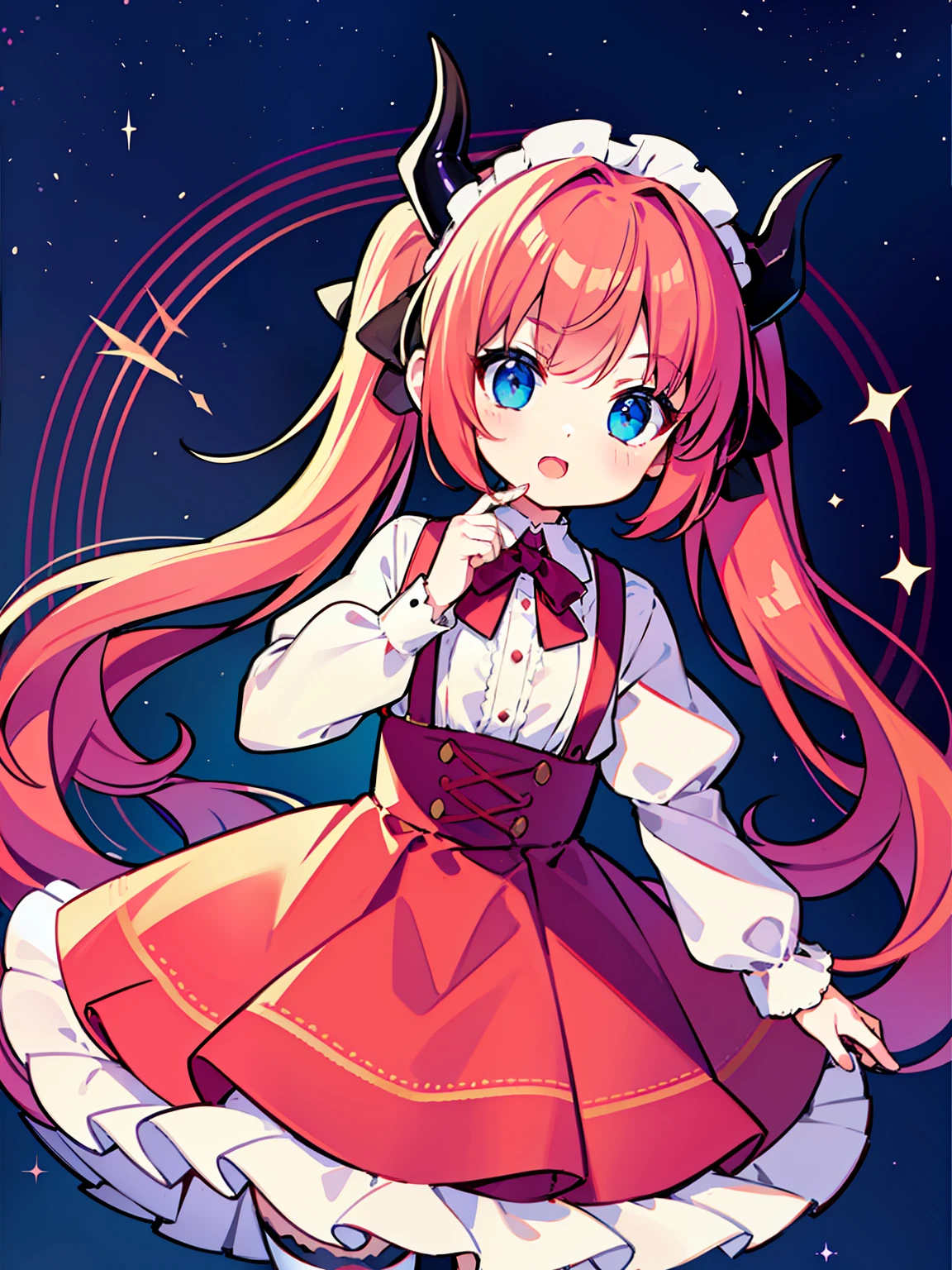 {{best quality}}, {{masterpiece}}, {{ultra-detailed}}, {illustration}, {detailed light}, red hair,blue eyes,twintails,lolita,Suspenders skirt,Fantastic,loli,solo,Dragon horns,little girl,long hair