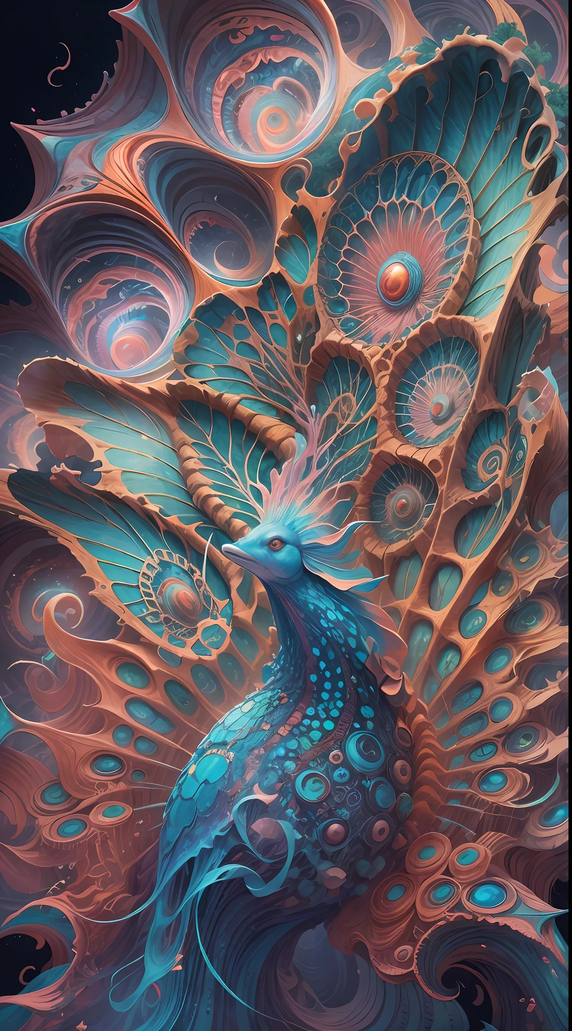 best qualtiy，tmasterpiece，超高分辨率，（photograph realistic：1.4），ultra-realistic realism，Dream-like，The beautiful blue goddess wears a phoenix peacock on her head, Nautilus, a betta fish，The creation of fantasy，Brain conch，Dream Conch，Biopunk Nautilus，Thrilling color scheme， ultra-realistic realism， abstracted， psychedelia,